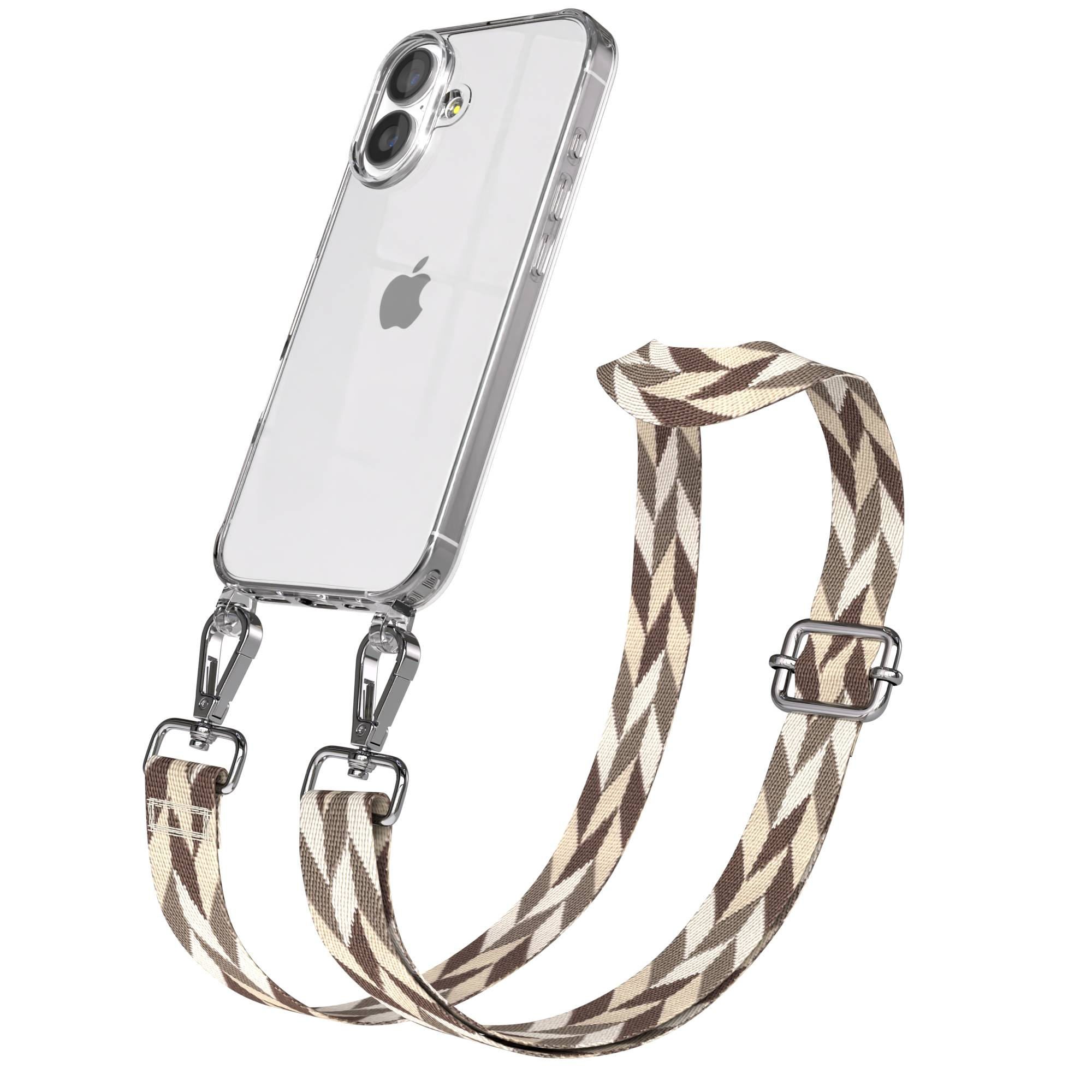 Transparente Handyhülle mit gemustertem Riemen, befestigt mit Silberclips.