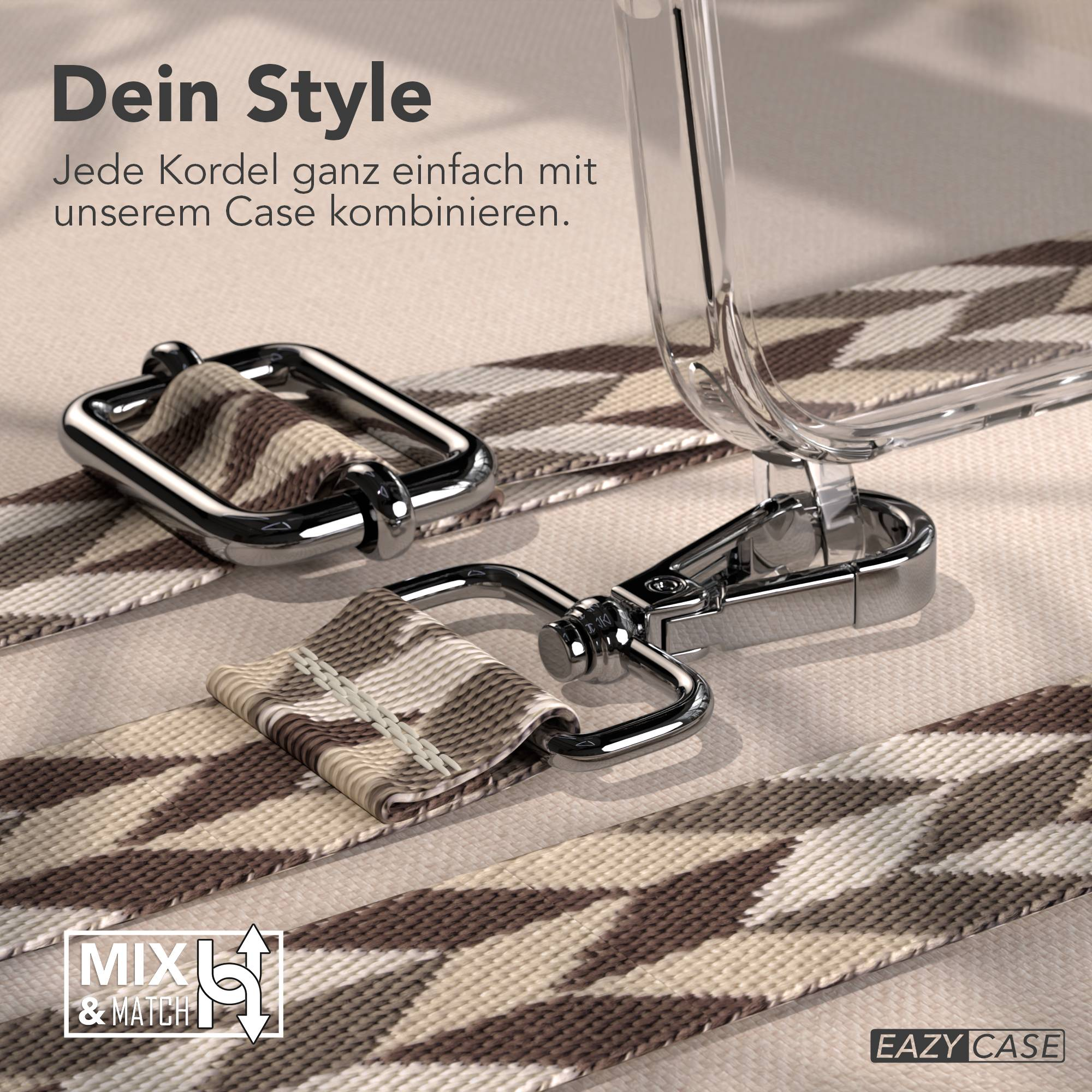Ein durchsichtiger Handyhülle mit einem gemusterten Band und silbernen Beschlägen.