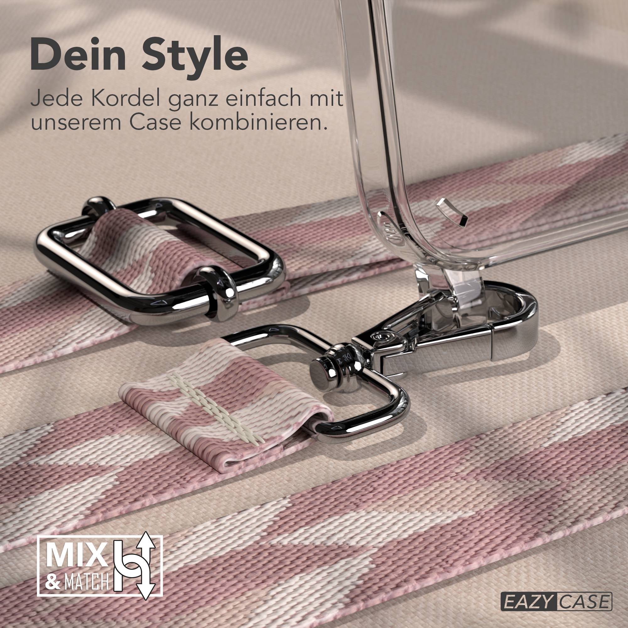 Ein pink-weiß gemustertes Band mit Metallclips und einer Hülle aus Glas.