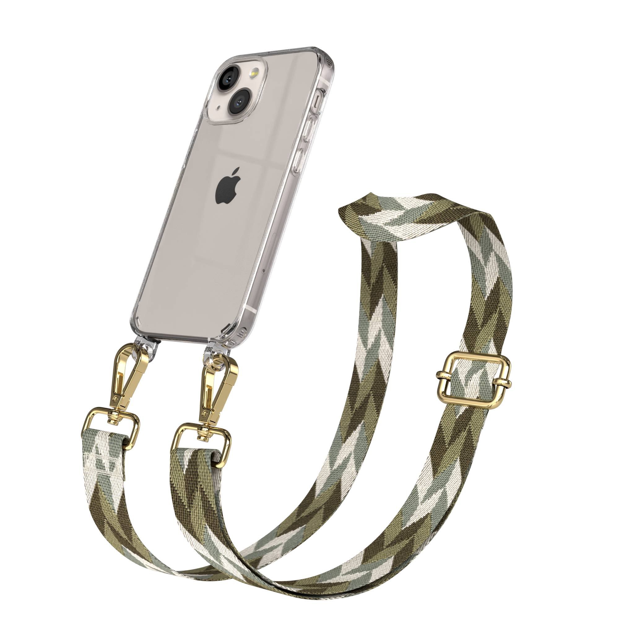 Eine durchsichtige Handyhülle mit einem iPhone, befestigt an einem gemusterten Riemen mit goldenen Verschlüssen.