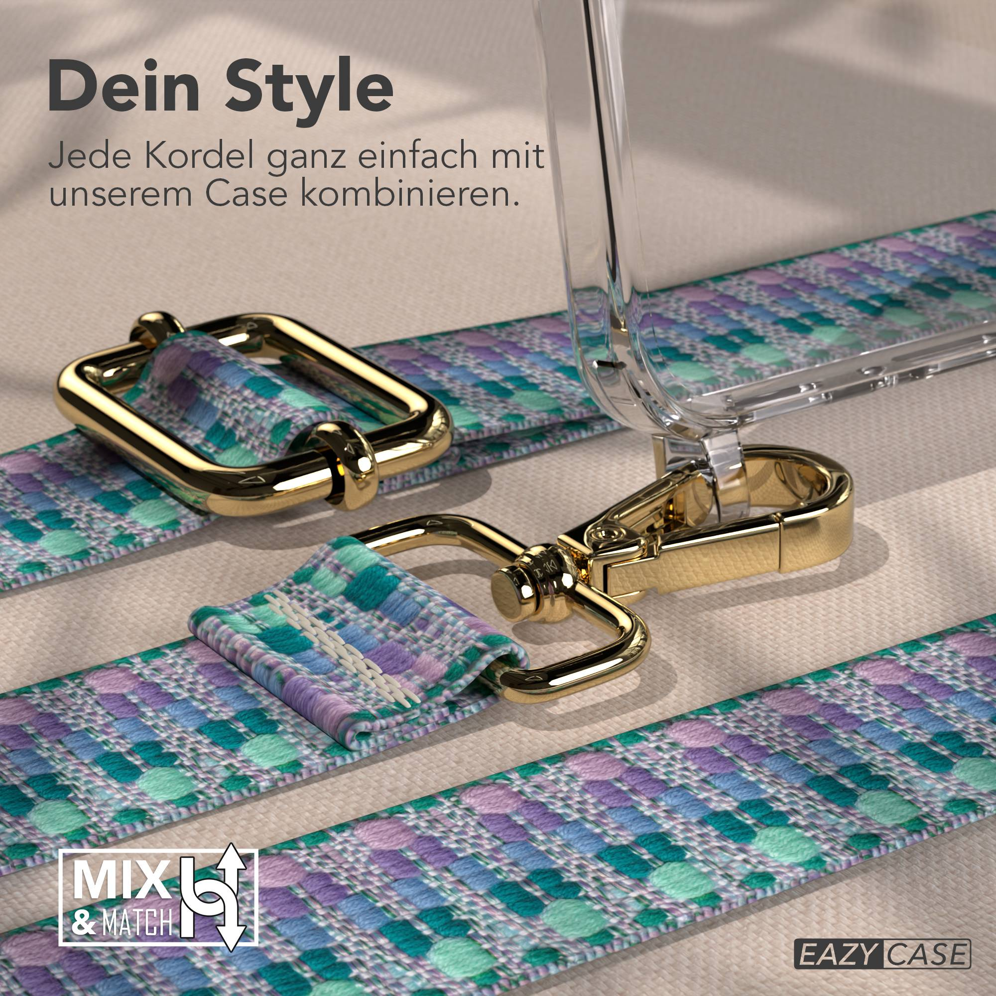 Ein durchsichtiges Handyhülle mit einem bunten Band und goldenen Schnallen.