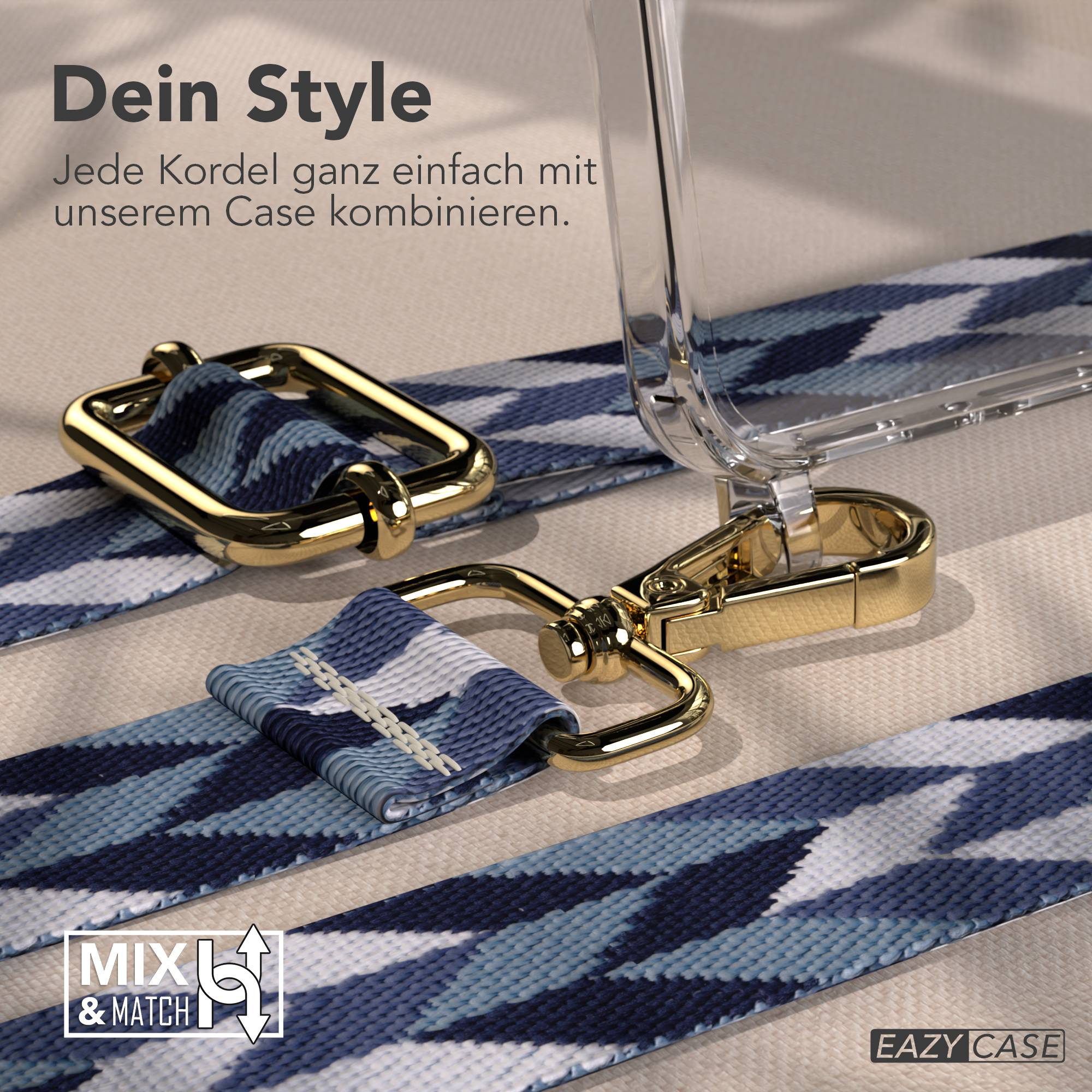 Ein blaues, geometrisches Band mit goldenen Schnallen und einer Handyhülle.