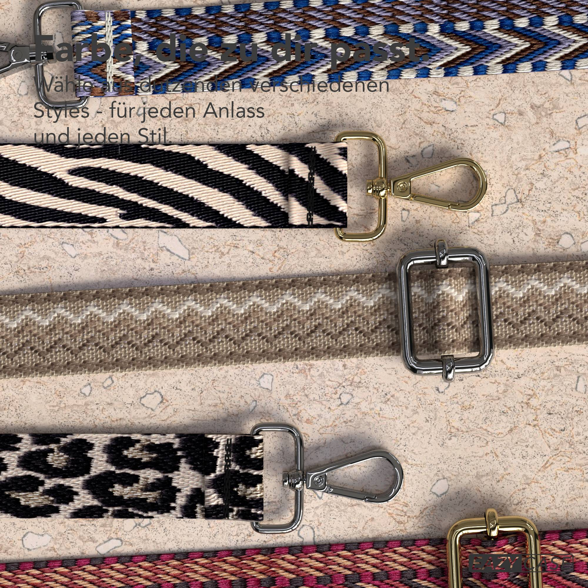 Vier gemusterte Riemen: blau/braun Zickzack, Zebra, beige geometrisch, Leopardenmuster, pink/grau.