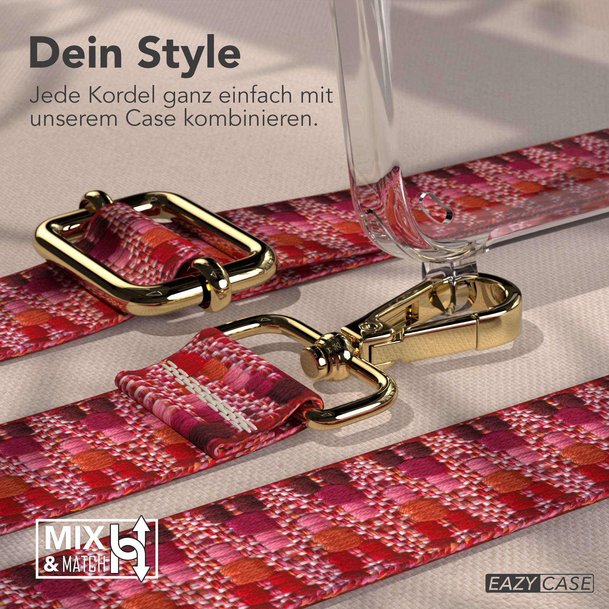 Rotes und pinkes Band mit goldenen Schnallen und einem transparenten Element.