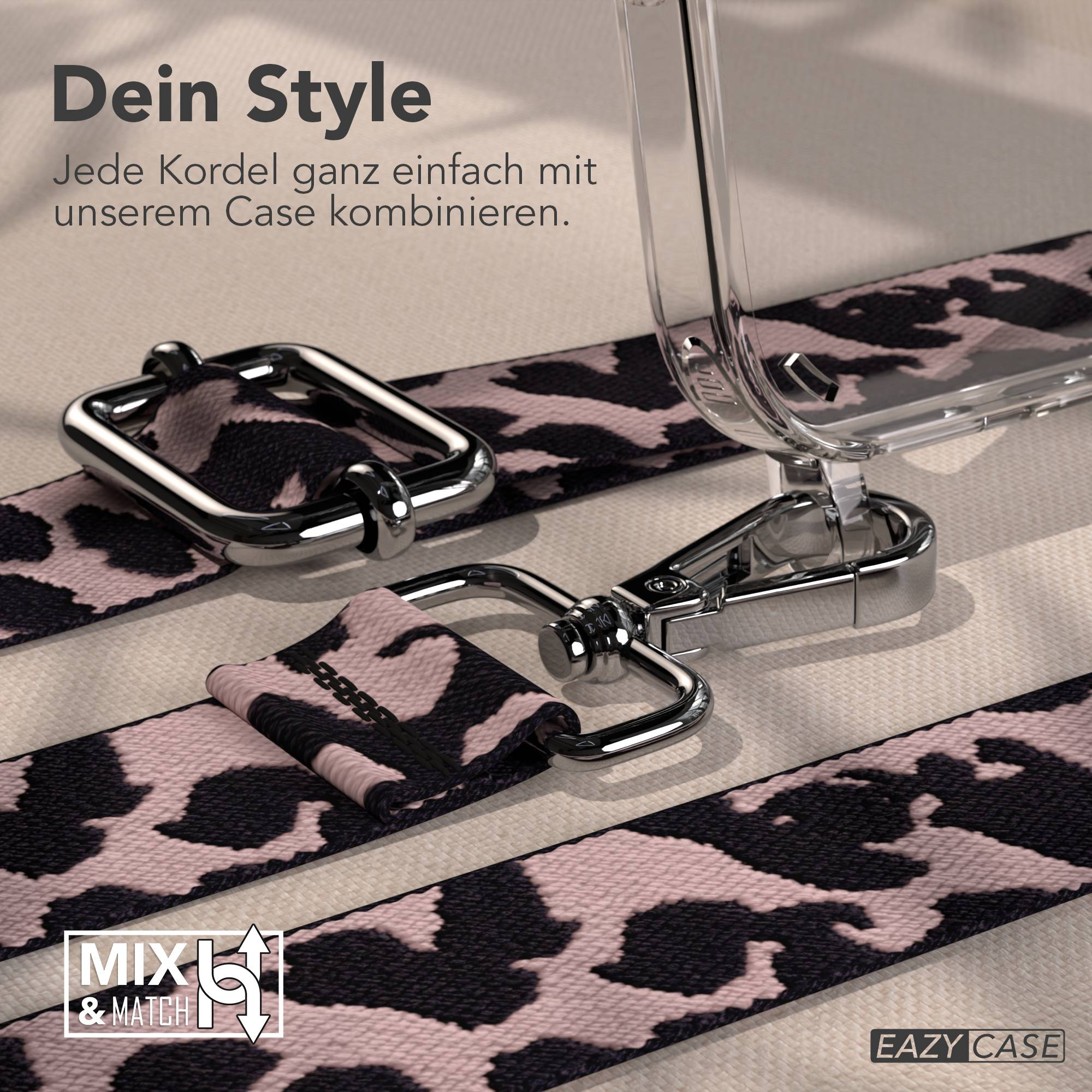 Transparente Handyhülle mit pink-schwarzem Leo-Muster-Band und silbernen Beschlägen.