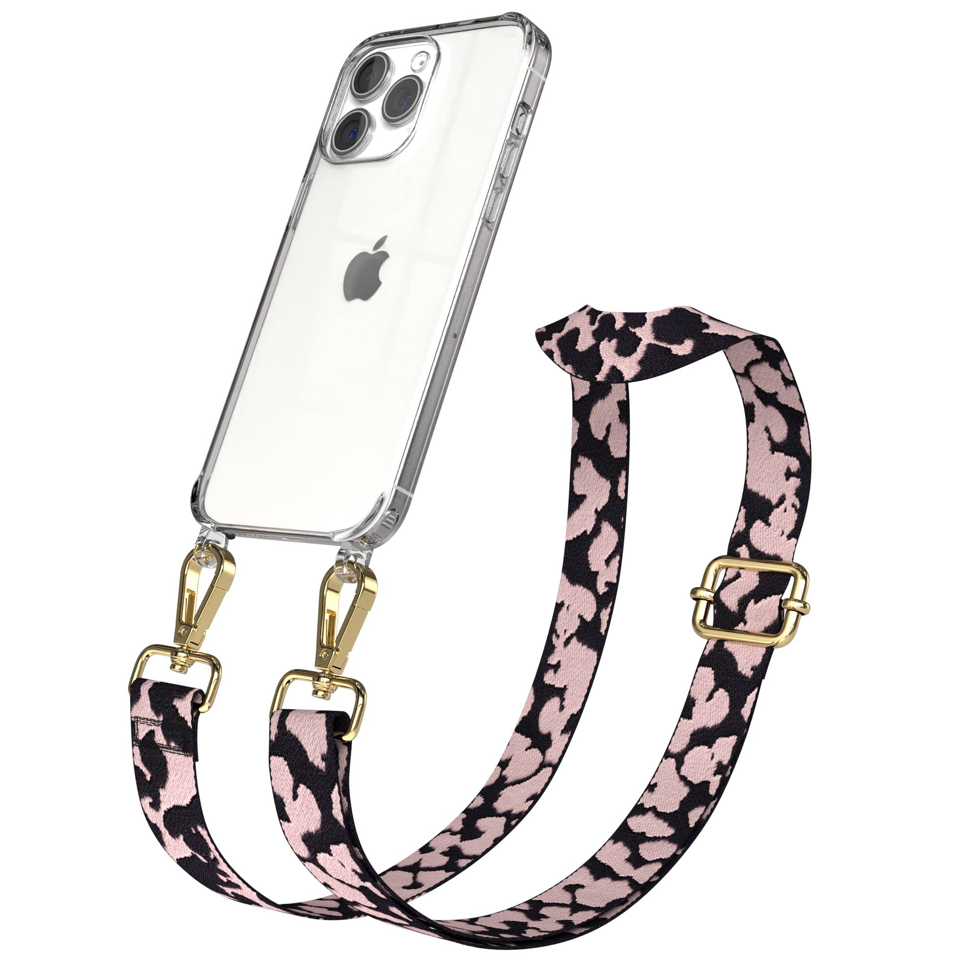 Transparente iPhone-Hülle mit pink-schwarzem Leopardenmuster-Gurt mit goldenen Clips.
