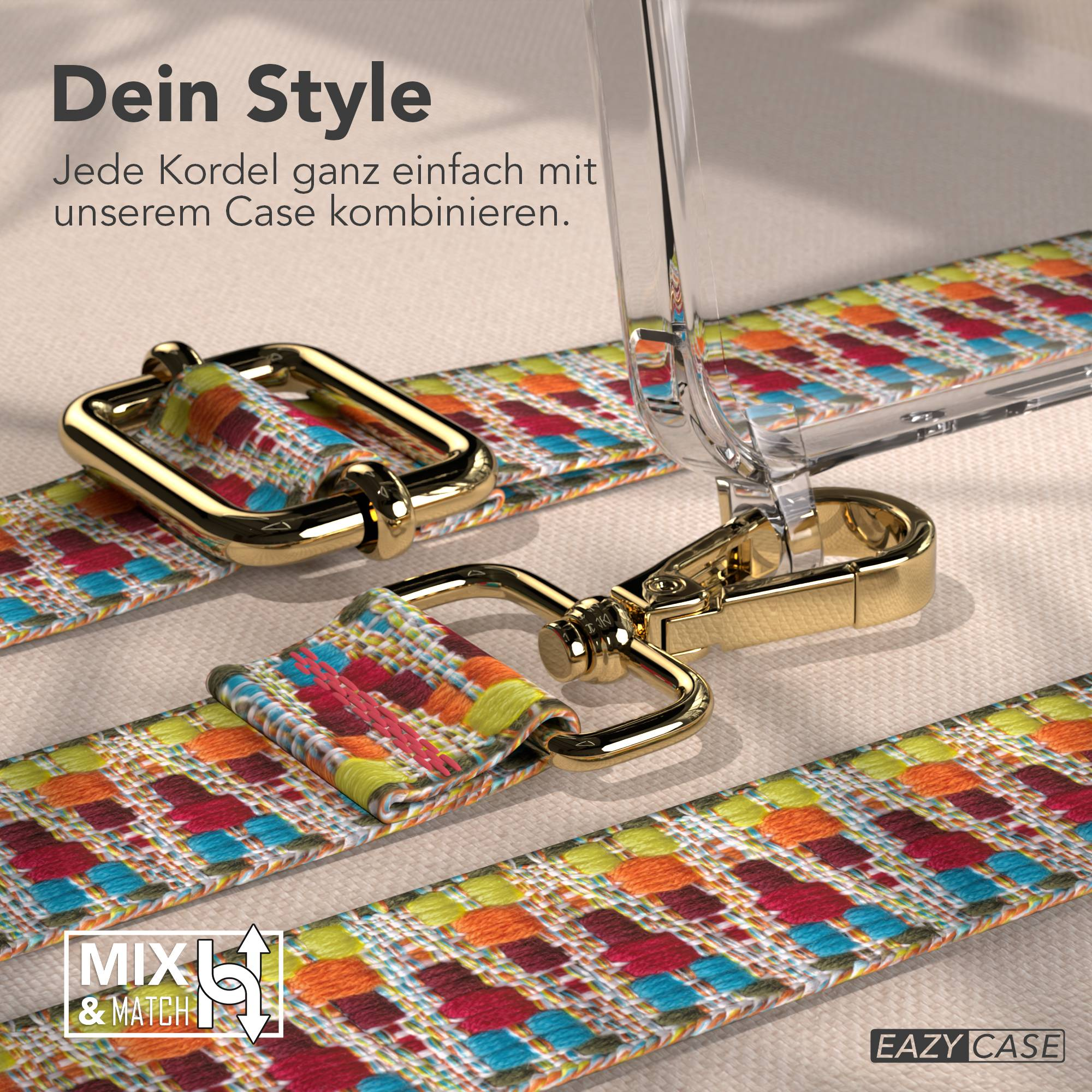 Nahaufnahme eines bunten gemusterten Riemens mit goldener Hardware, an einer durchsichtigen Handyhülle befestigt.