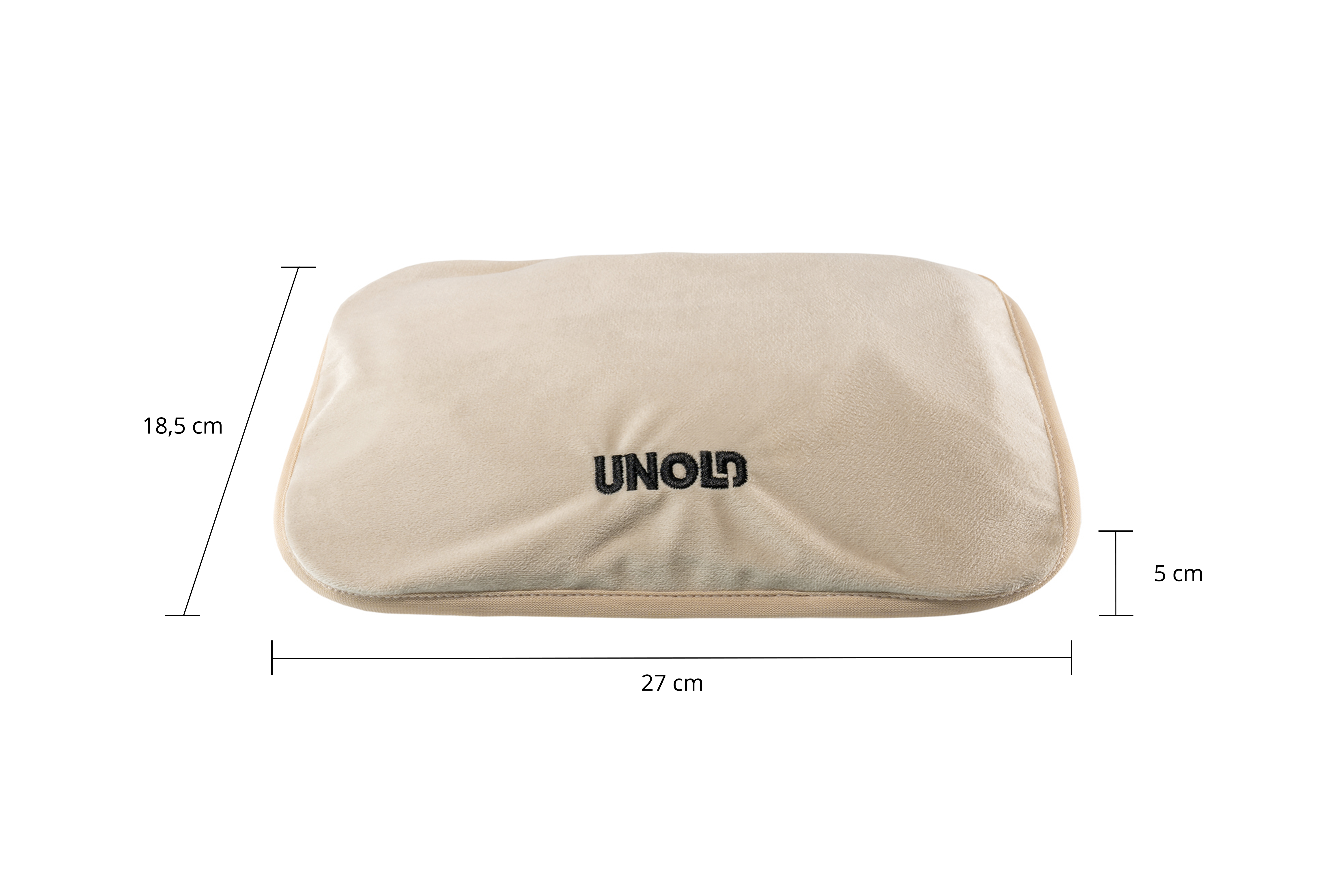 Eine beige UNOLD Wärmflasche mit den Maßen 27cm x 18,5cm x 5cm.