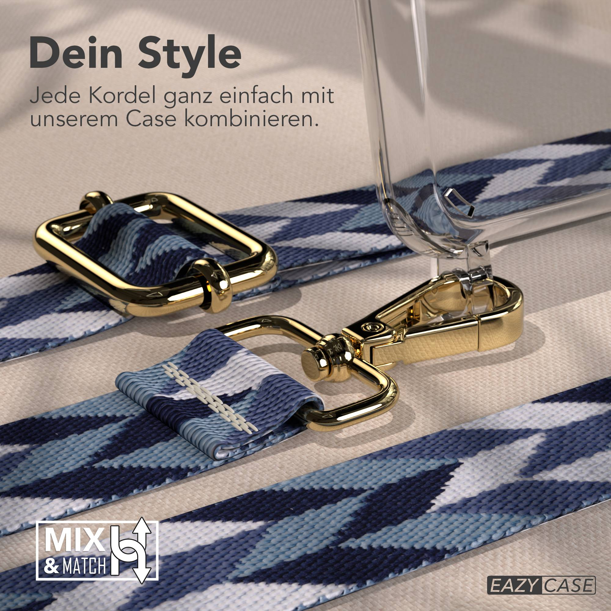 Ein Handyband mit blauem Muster und goldenen Schnallen liegt neben einer Hülle.