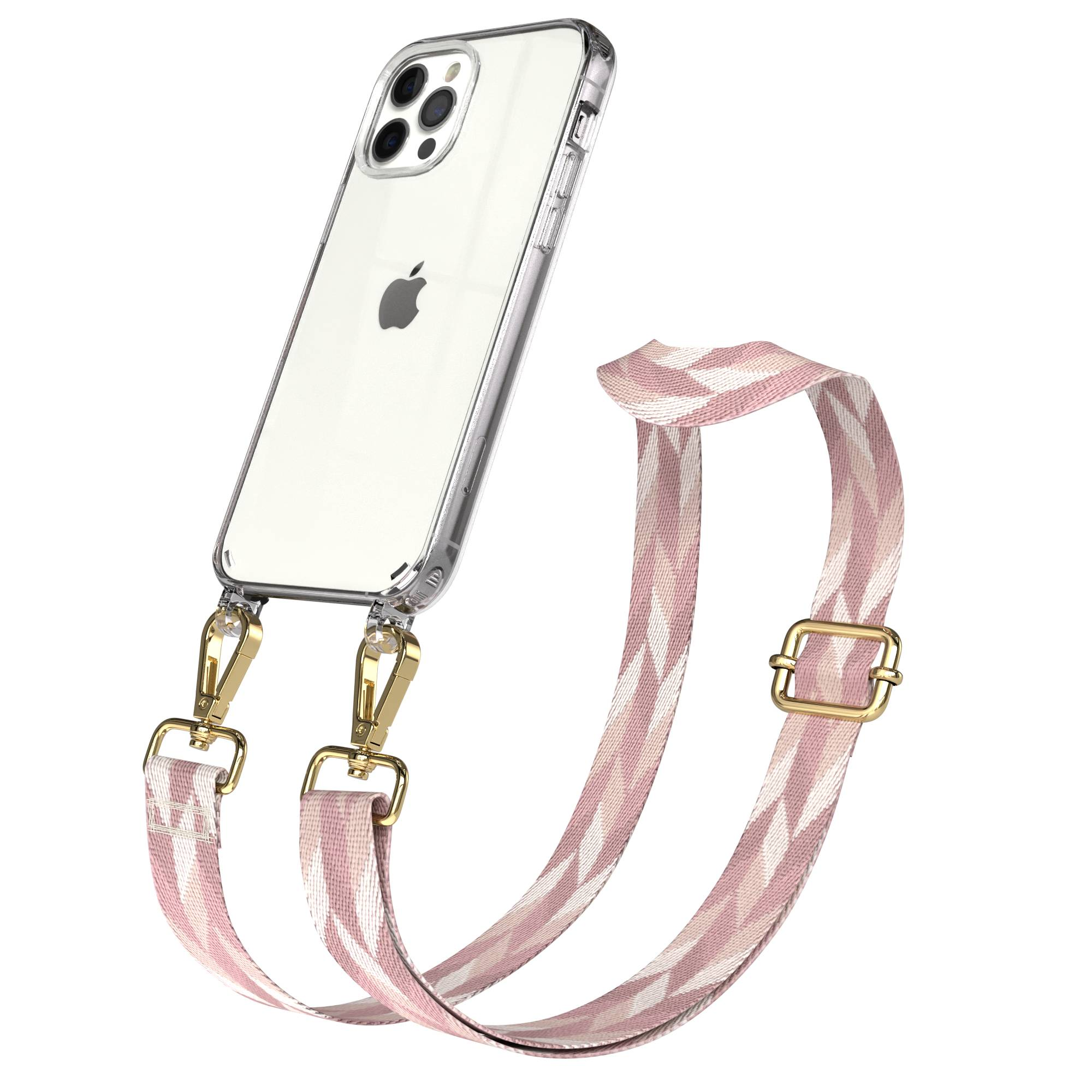 Ein durchsichtiges iPhone-Case mit einem Band in Rosa und Weiß mit Zickzackmuster.