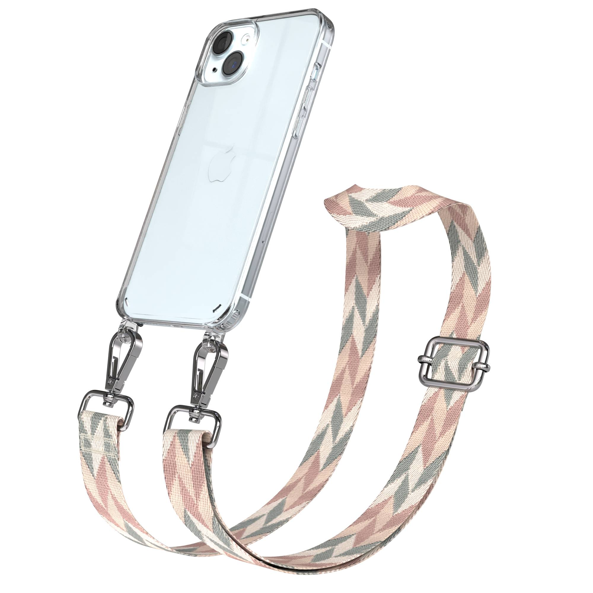 Ein transparentes iPhone-Gehäuse mit einem Band mit Zickzackmuster in Rosa, Beige und Grün.