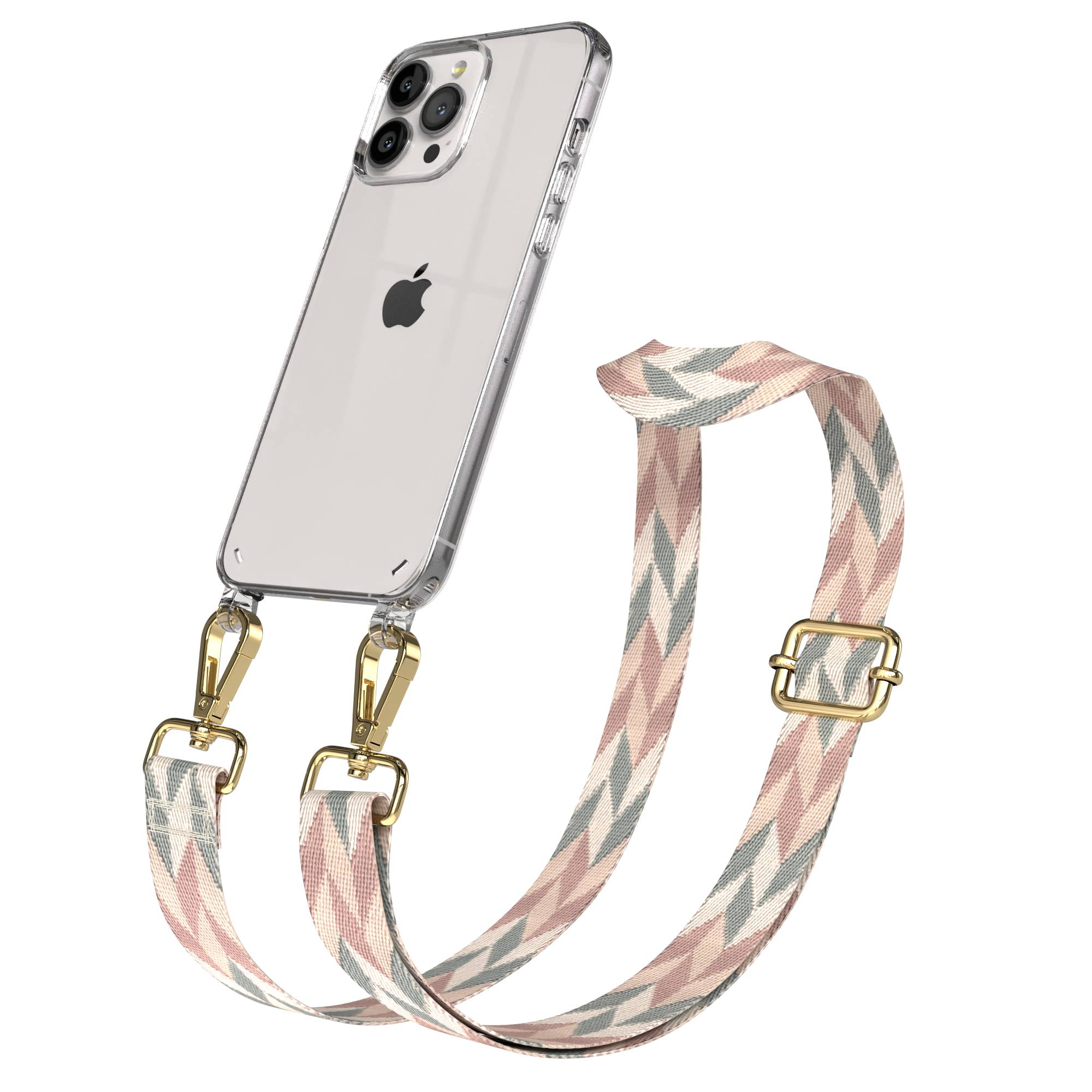 Ein durchsichtiges iPhone mit einem Gurt mit geometrischem Muster und goldenen Beschlägen.