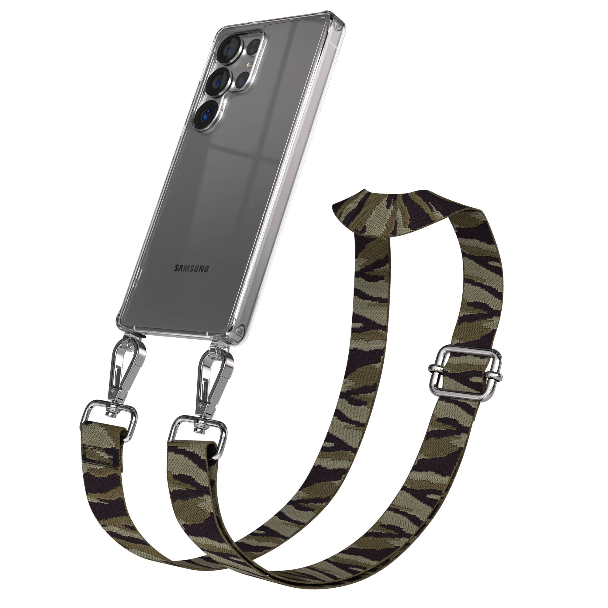 Ein durchsichtiges Samsung-Handy mit Tarnmuster-Trageriemen und silbernen Karabinerhaken.