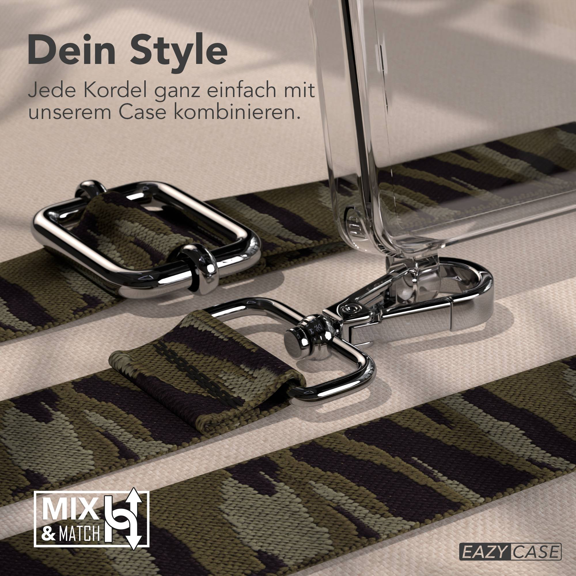 Ein modisches Accessoire mit Tarnmusterband und silbernen Metallteilen.