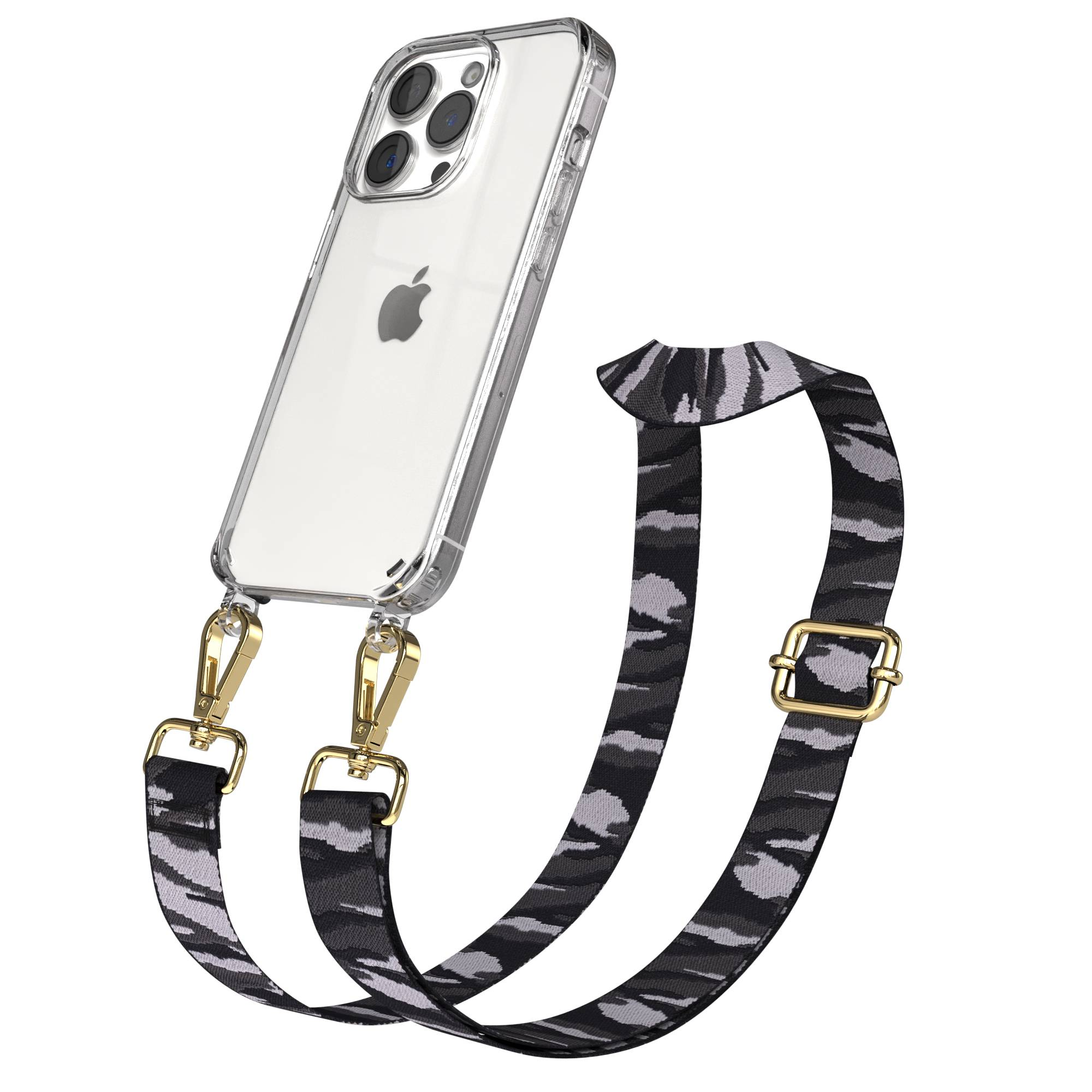 Ein durchsichtiges iPhone-Case mit einem Camouflage-Lanyard und goldenen Beschlägen.