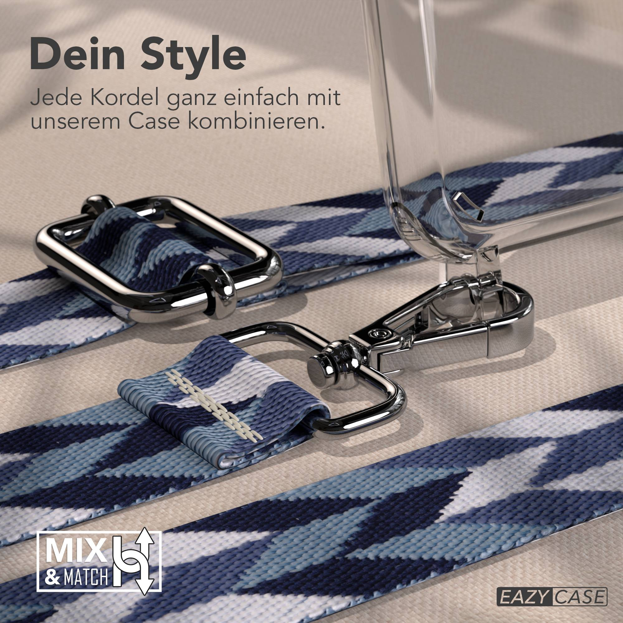 Eine blau-weiß-schwarz gemusterte Lanyard mit Chromklammern, verbunden mit einer klaren Handyhülle.