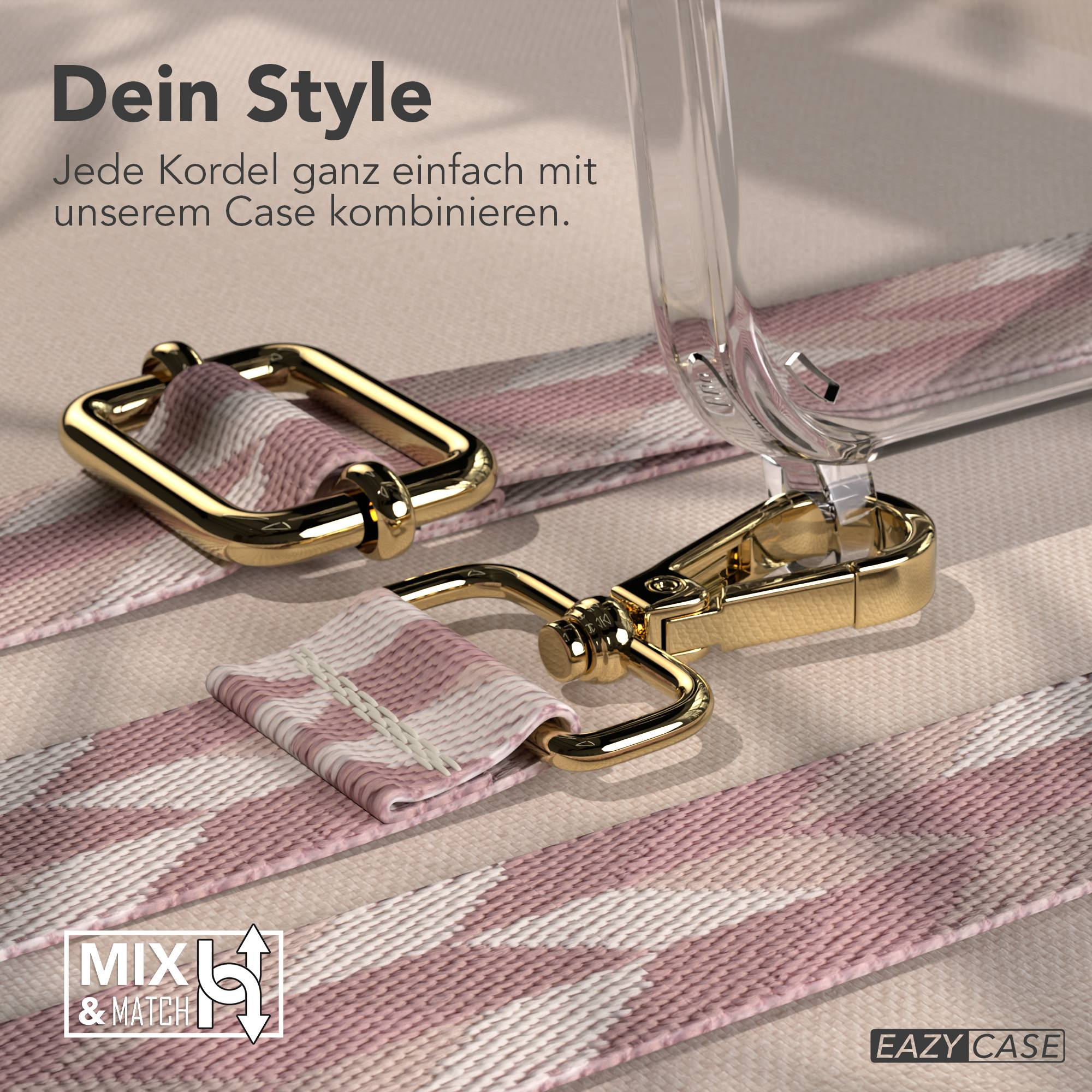Goldene Verschlüsse und ein rosa-weiß gemustertes Band mit Hülle.