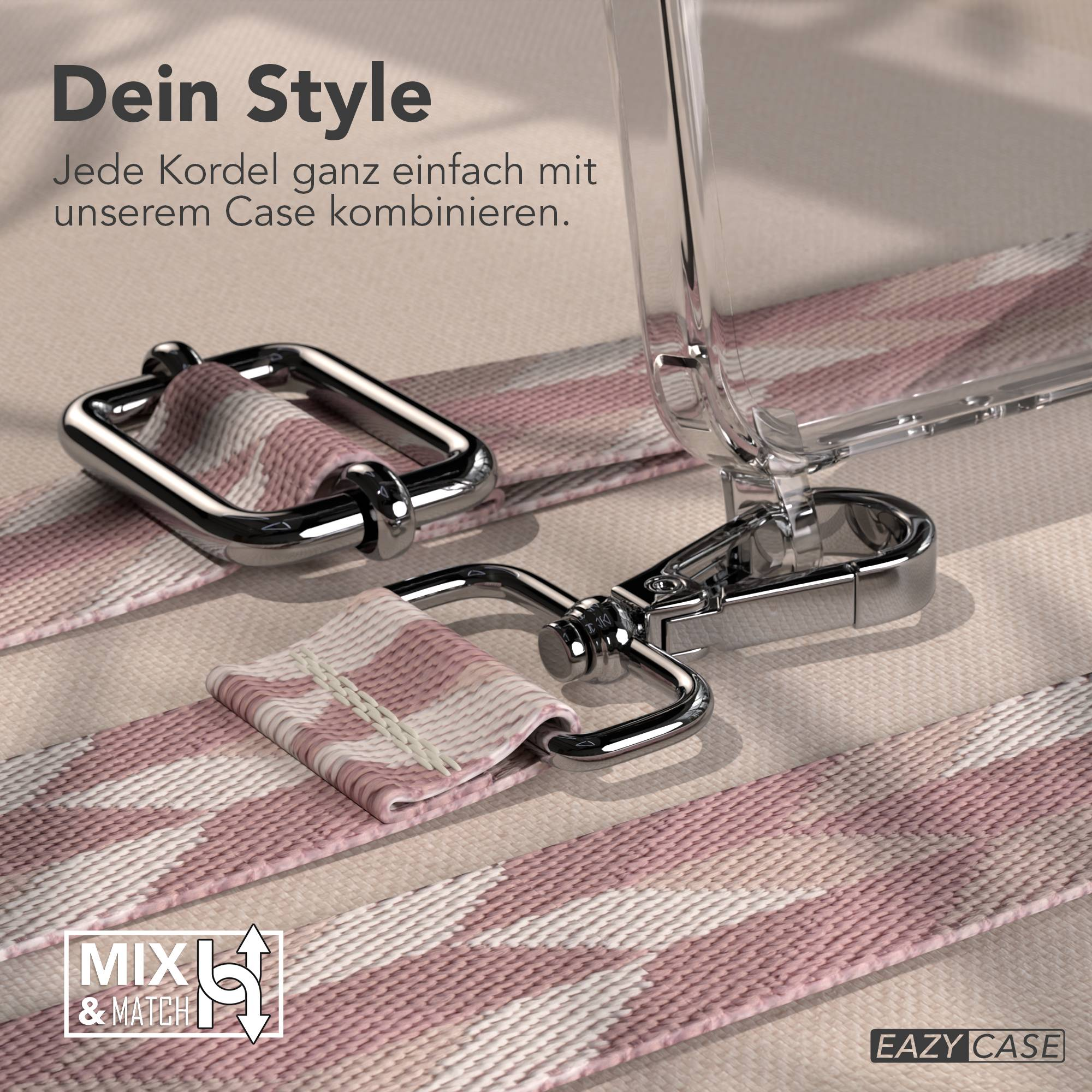 Eine durchsichtige Handyhülle mit einem rosa und weiß gemusterten Riemen und Metallclip.