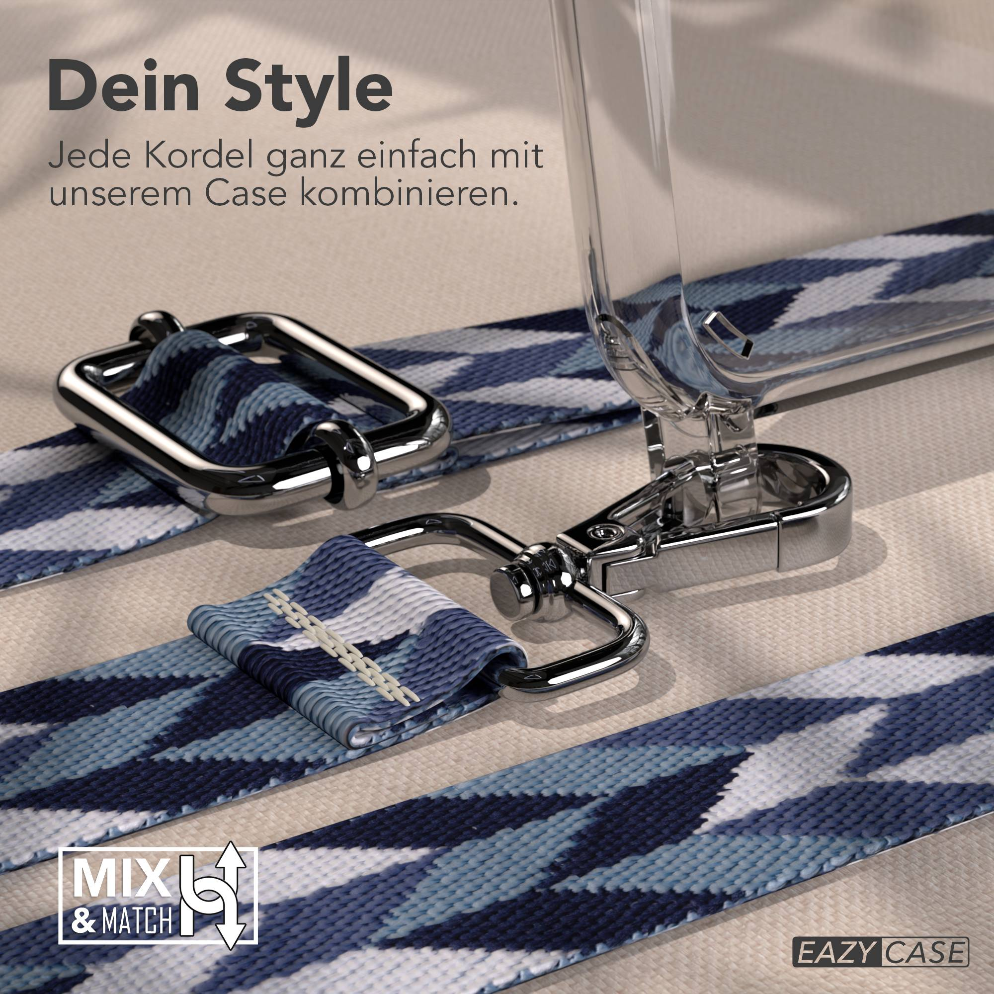 Blau-weiß gemusterte Kordel mit silbernen Schnallen an einer Hülle.