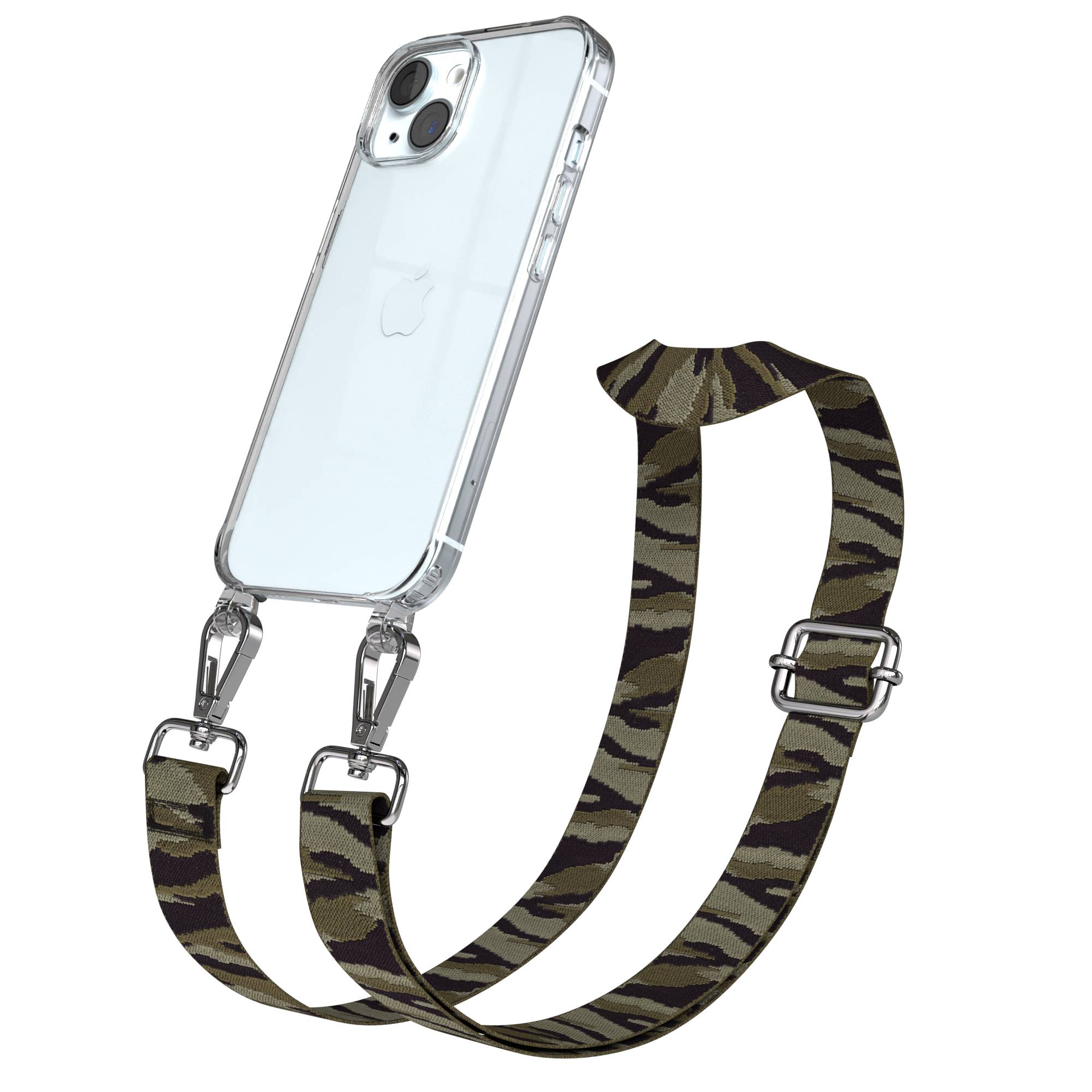 Klare Handyhülle mit camouflage Umhängeband. Silberne Verschlüsse verbinden das Band mit der Hülle.