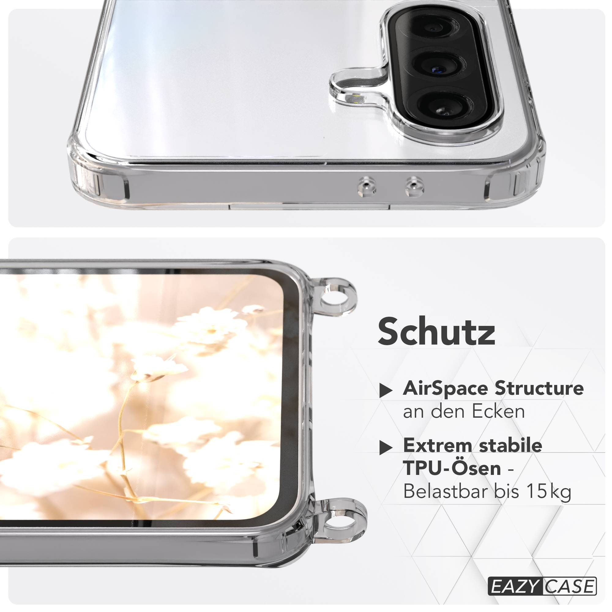 Transparente Handyhülle mit Fokus auf Schutzfunktionen: AirSpace Structure & stabile Ösen.