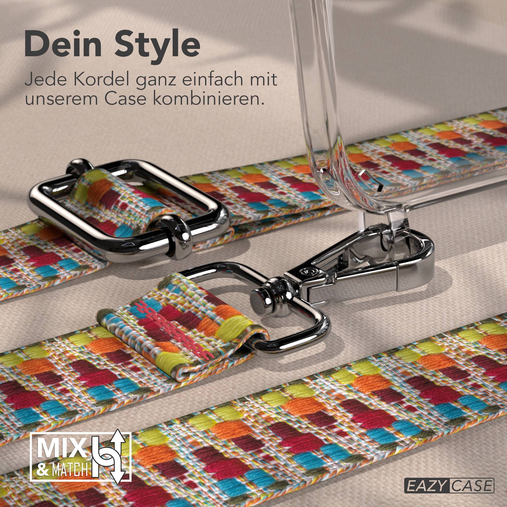 Buntes gewebtes Band mit Metallverschlüssen und Text 'MIX & MATCH' und 'EAZY CASE'.