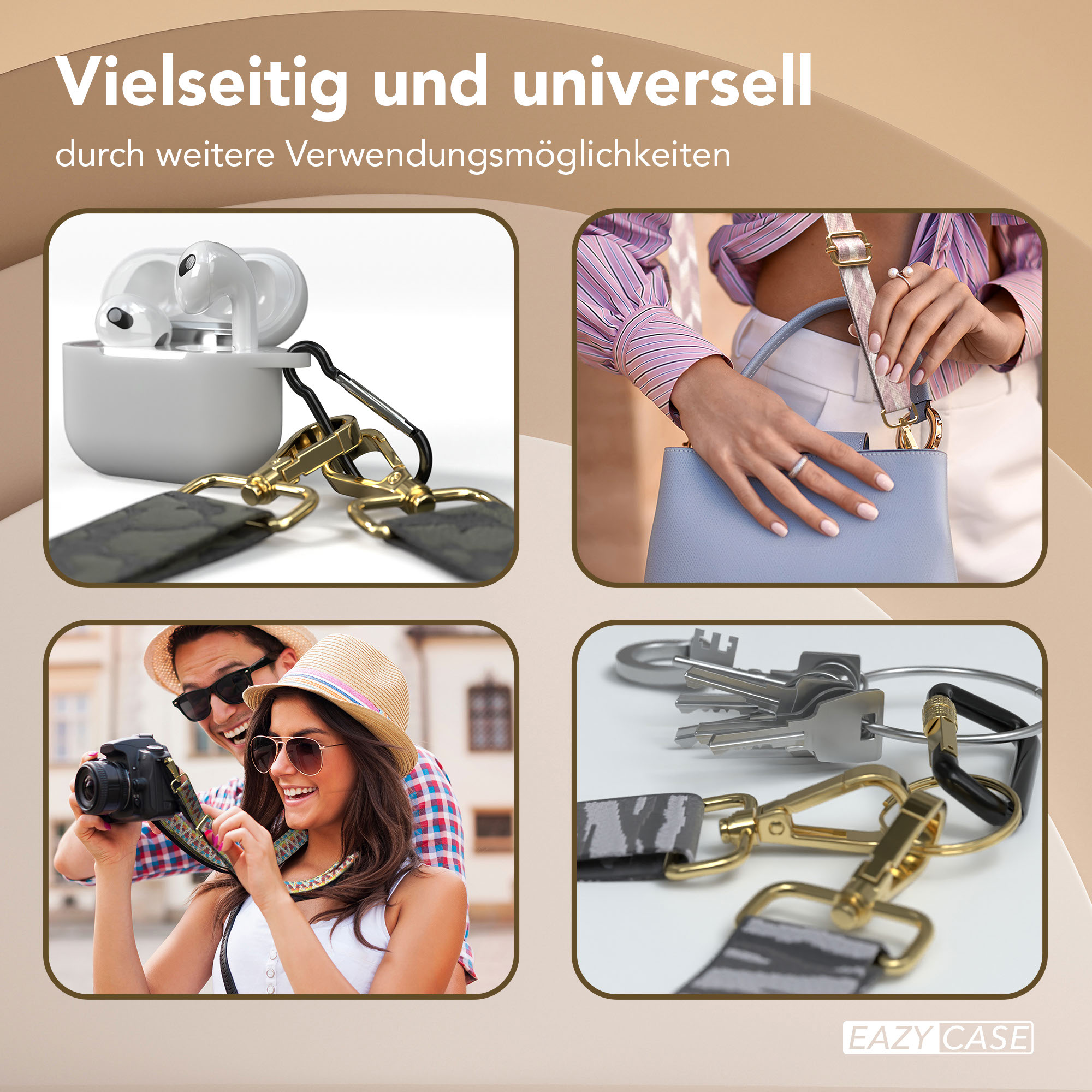 Collage aus vier Bildern: Ohrhörer-Etui, Hand mit Handtasche, Paar macht Foto, Schlüssel an Band.