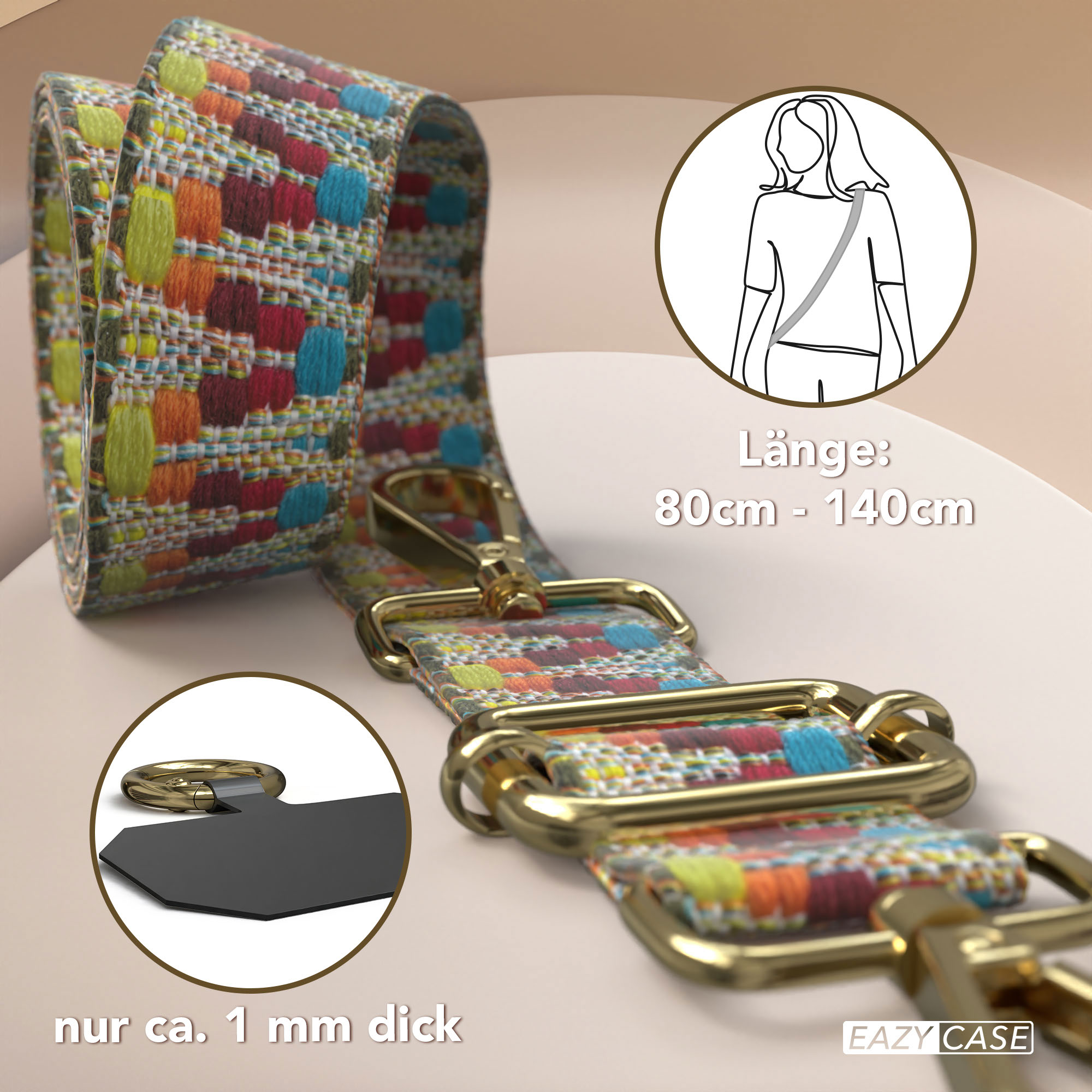 Bunter gewebter Gurt mit goldener Hardware. Länge 80-140cm, Dicke 1mm.