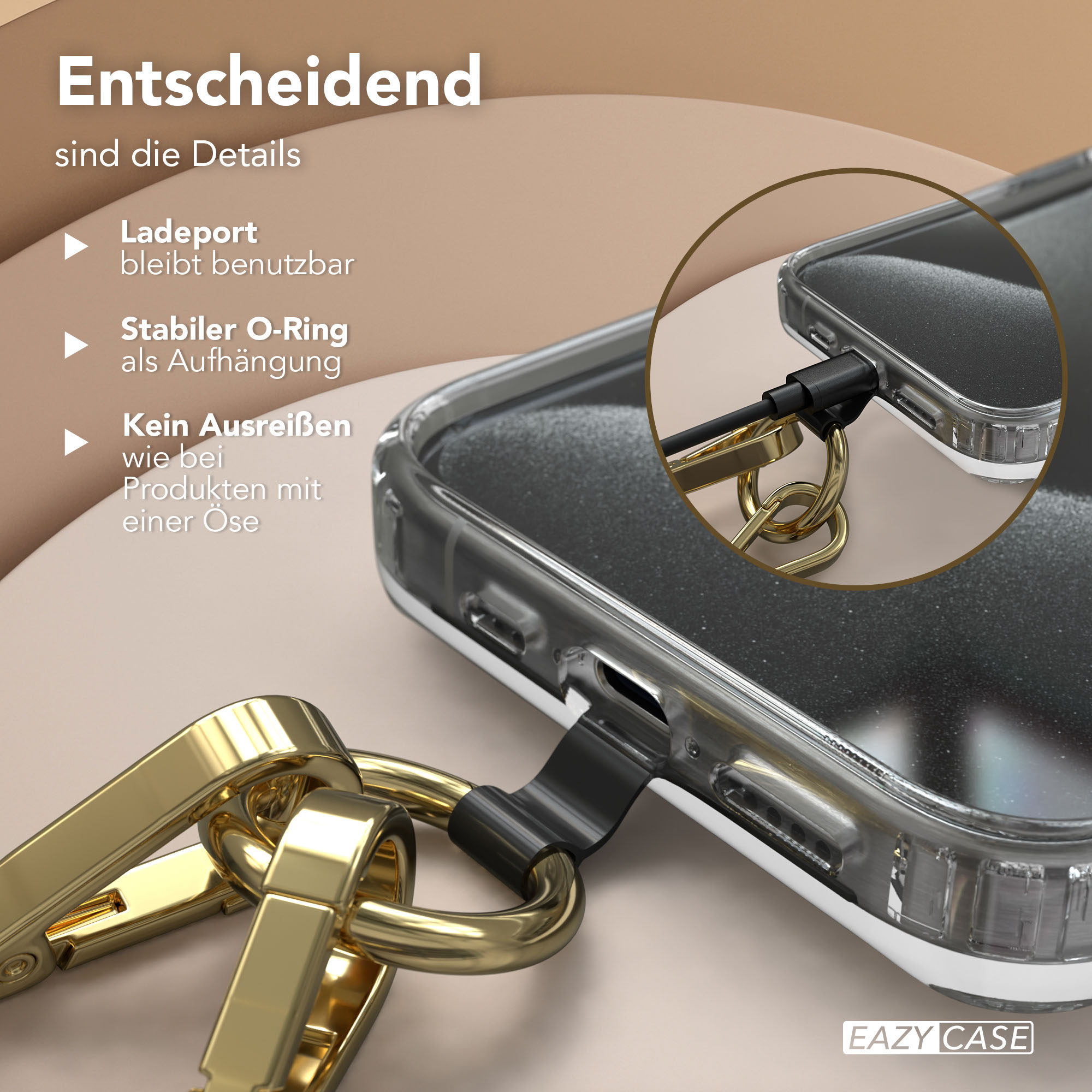 Transparente Handyhülle mit goldenem Ring und Ladeanschluss. "Entscheidend sind die Details."