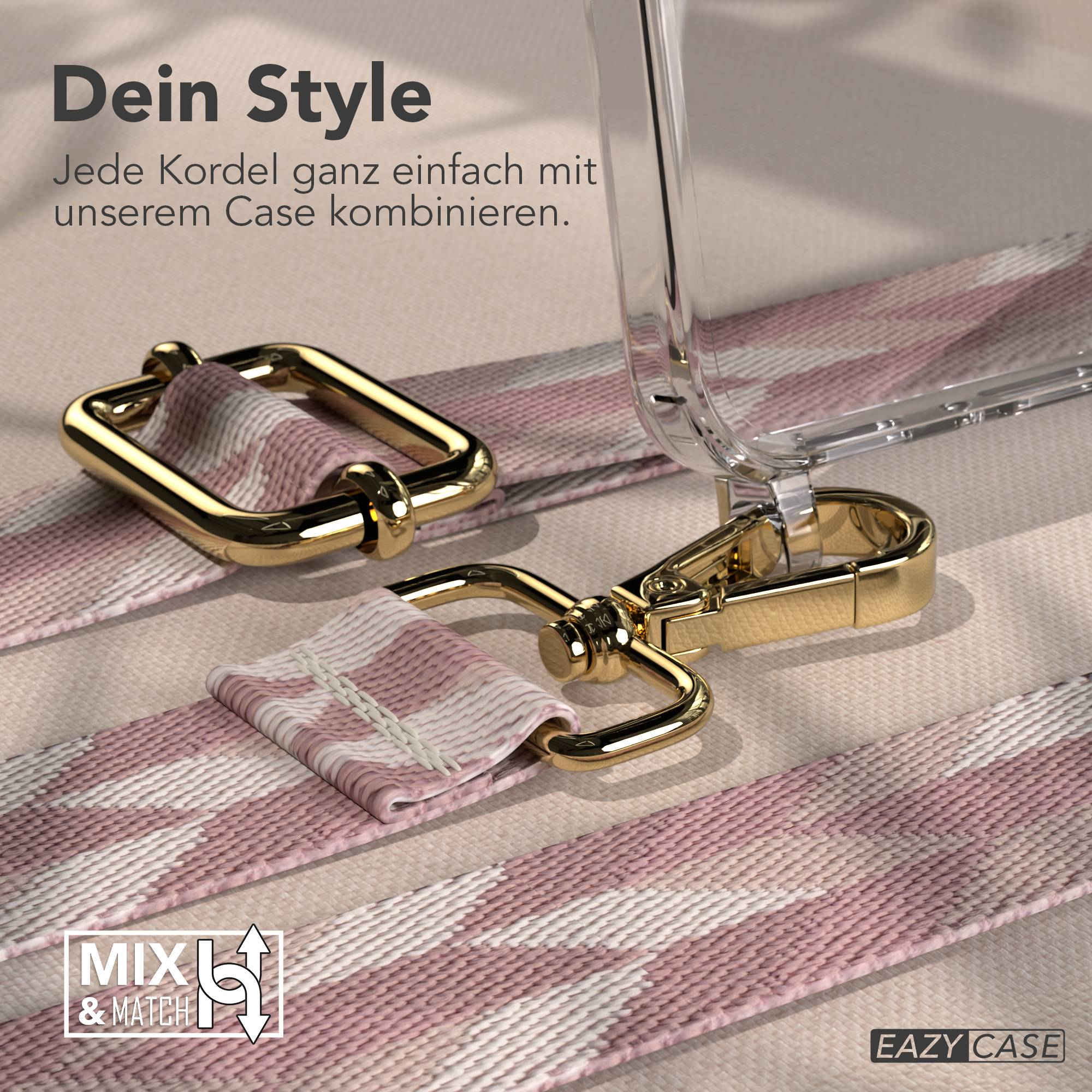 Transparenter Handyhülle mit rosa Band und goldenen Beschlägen.