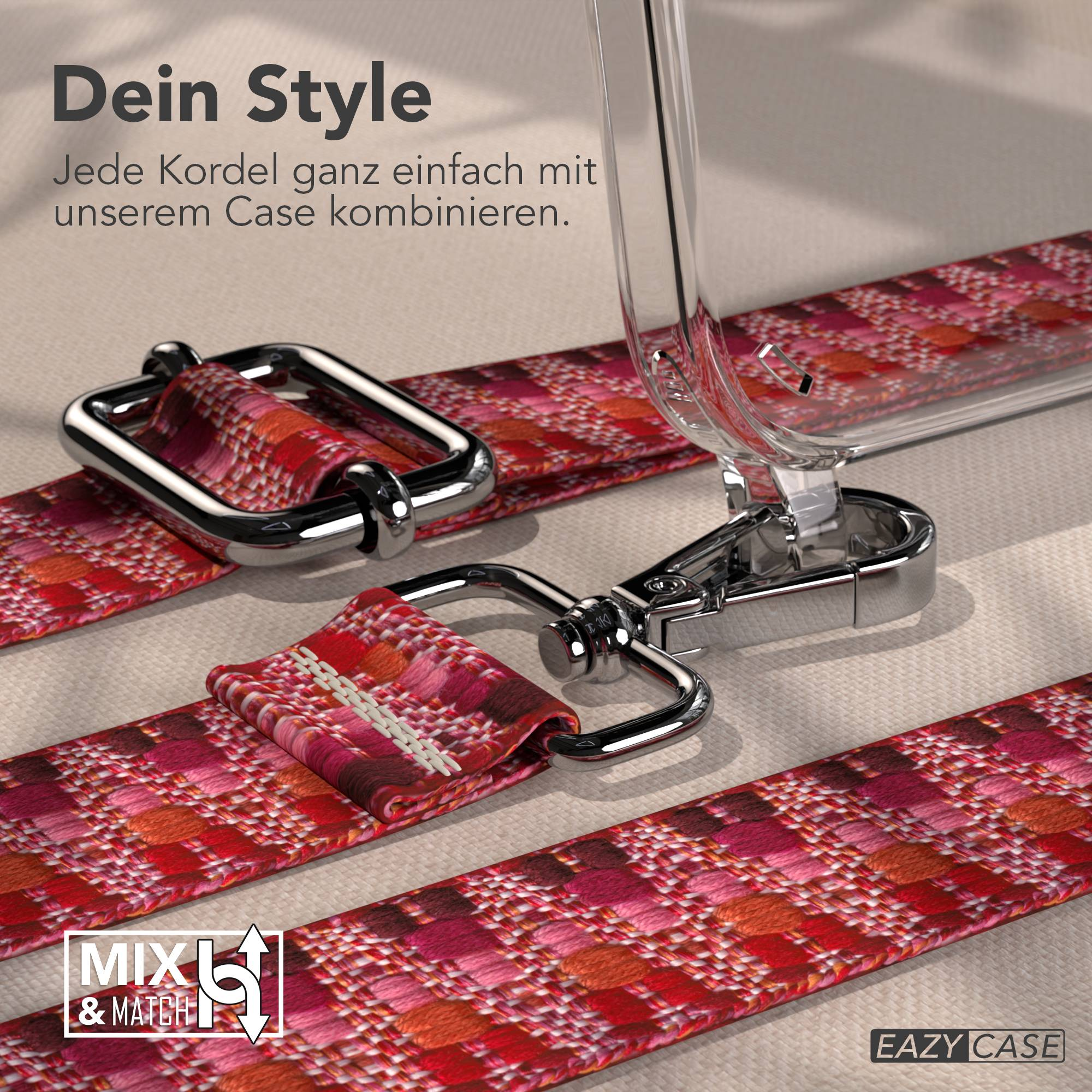 Bunte gemusterte Kordel mit silbernen Schnallen und einer Handyhülle.