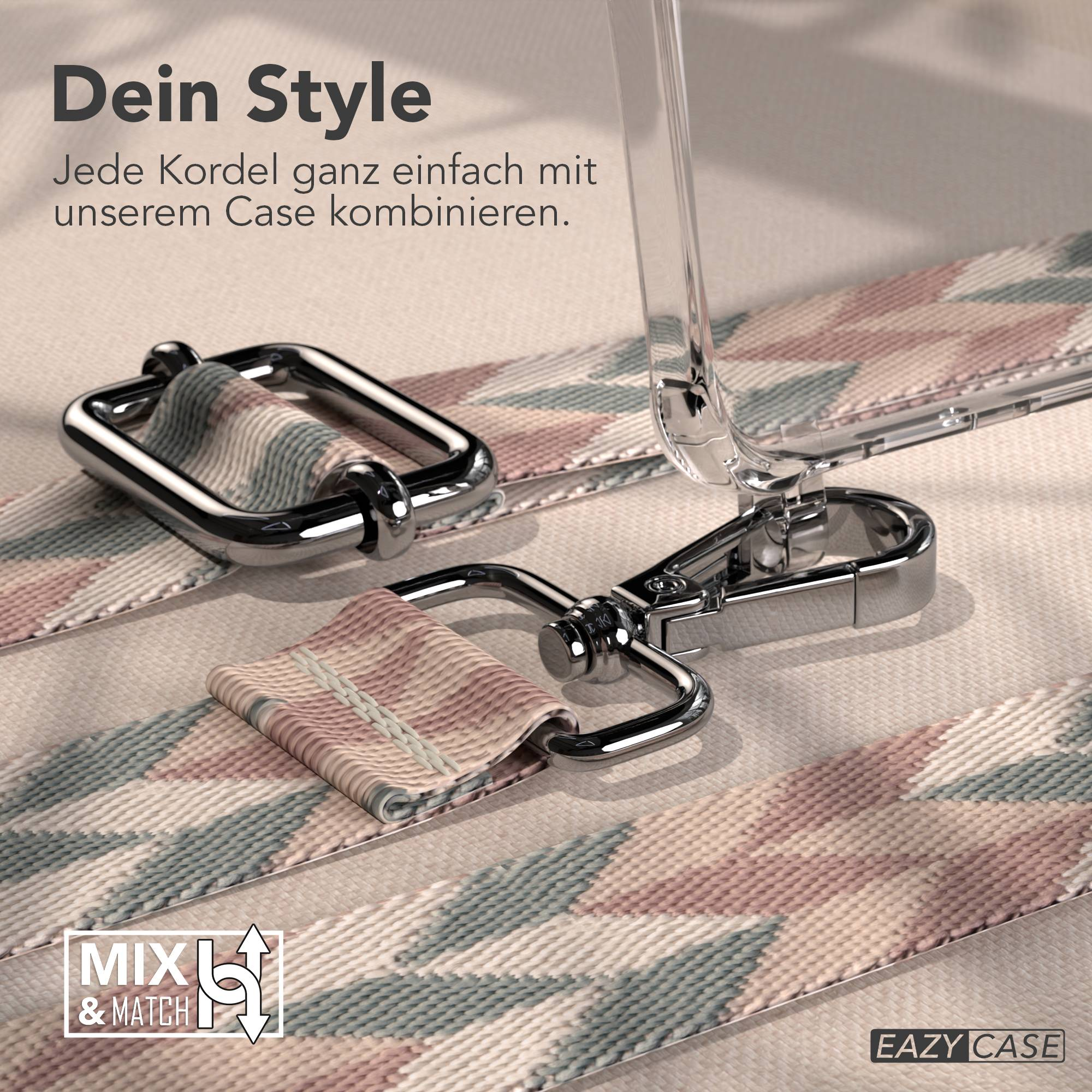 Ein klarer Handyhülle mit Band in geometrischem Muster.