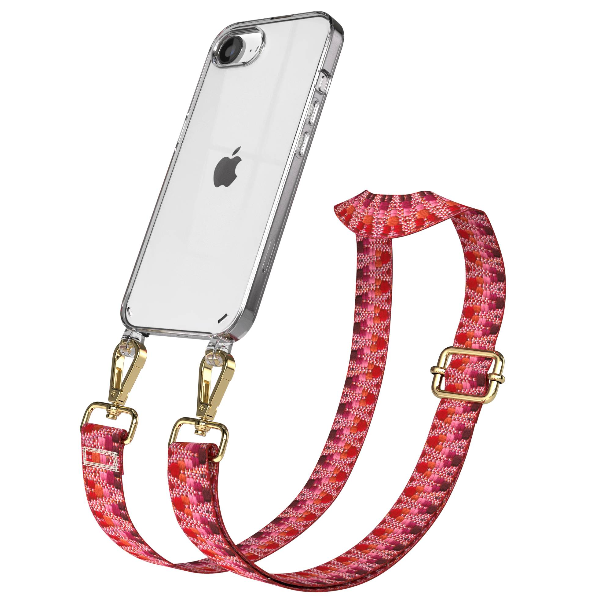 Ein durchsichtiges iPhone mit einem bunten roten, pinken und orangen Gurt.