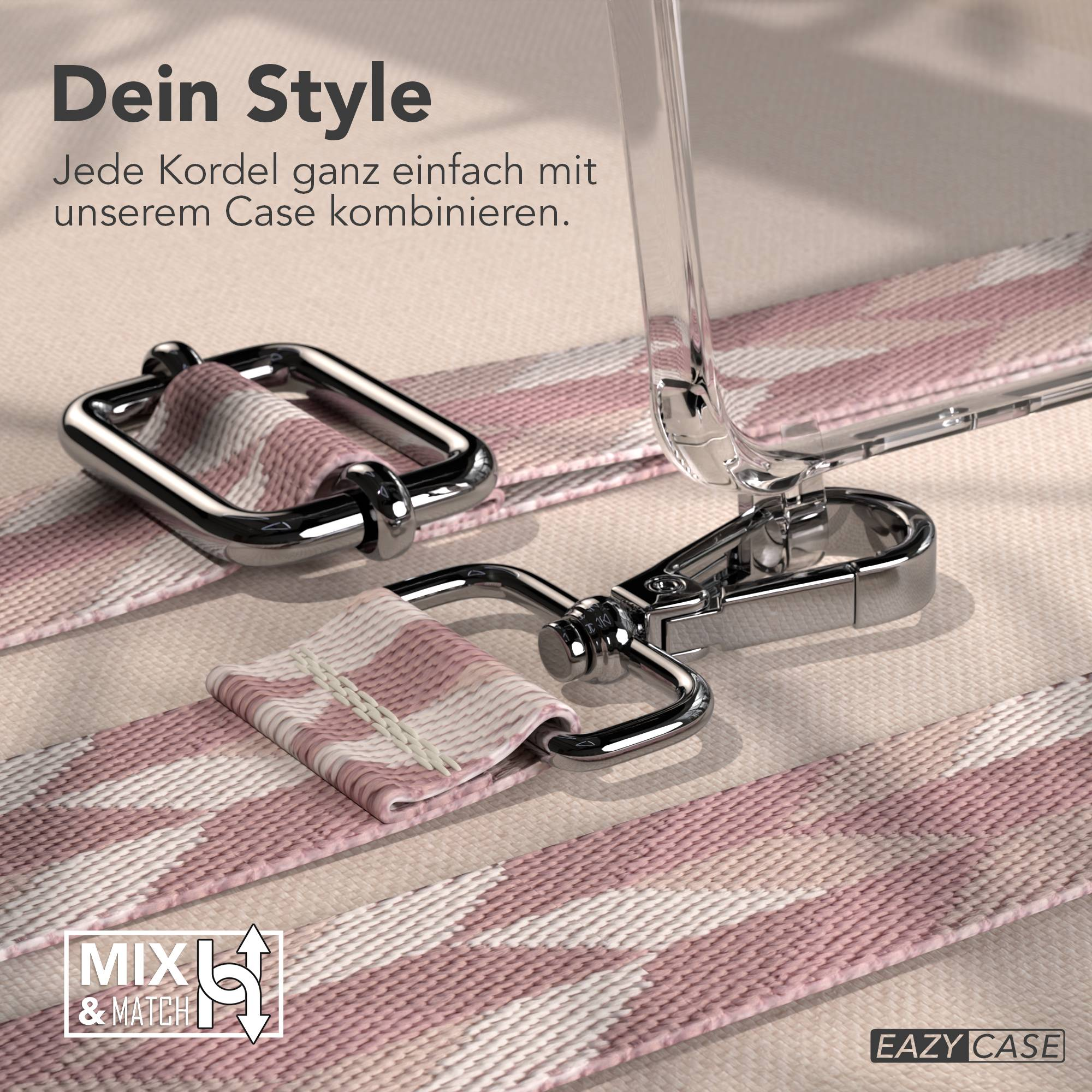 Ein klarer Handyhülle mit silbernen Clips und einem rosa-weißen Gurt.