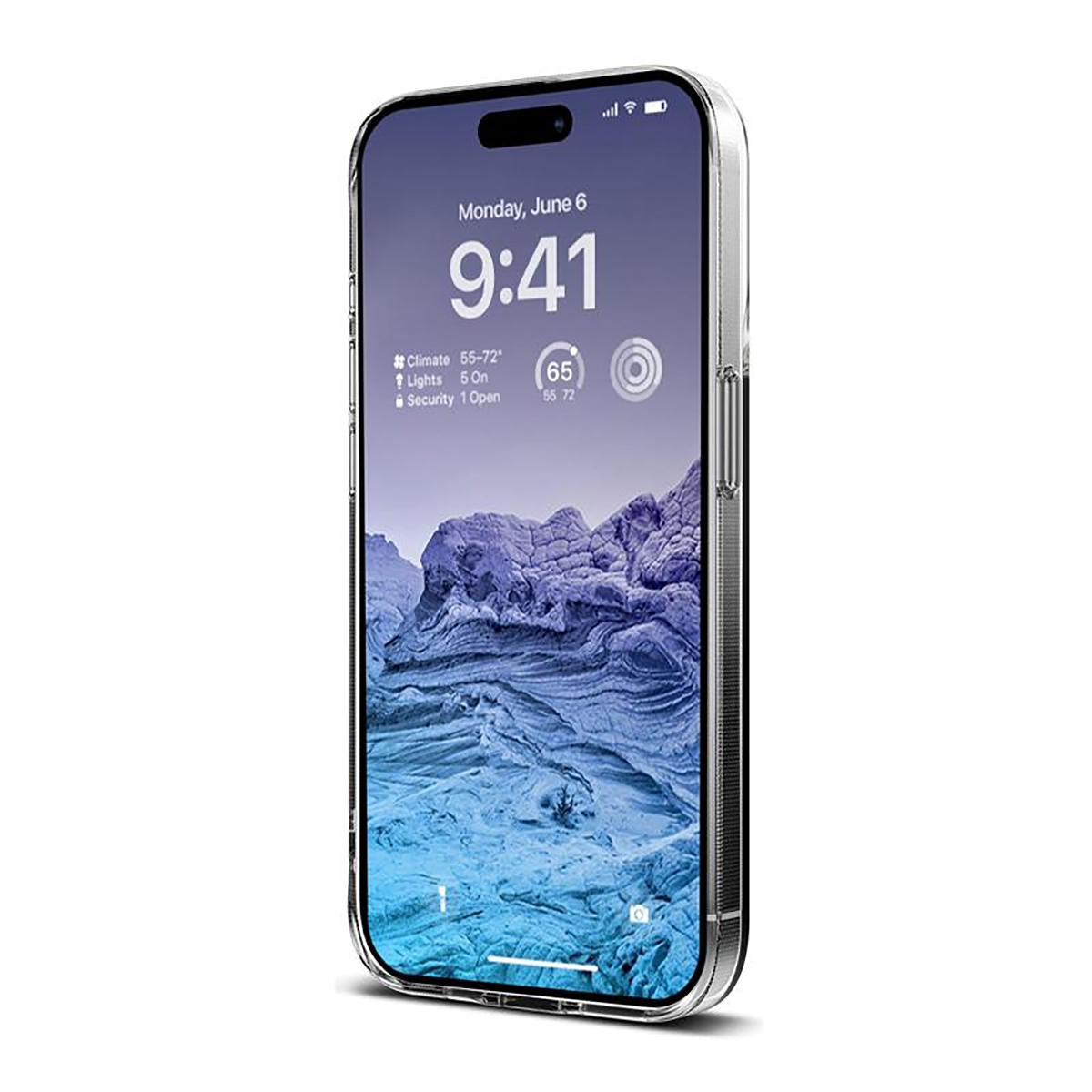 iPhone con custodia trasparente mostra schermata di blocco: Lunedì 6 giugno, 9:41, clima 55-72°F.