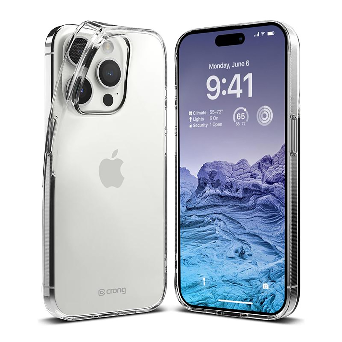 Custodia trasparente per telefono accanto a un iPhone che mostra ora, data e meteo.