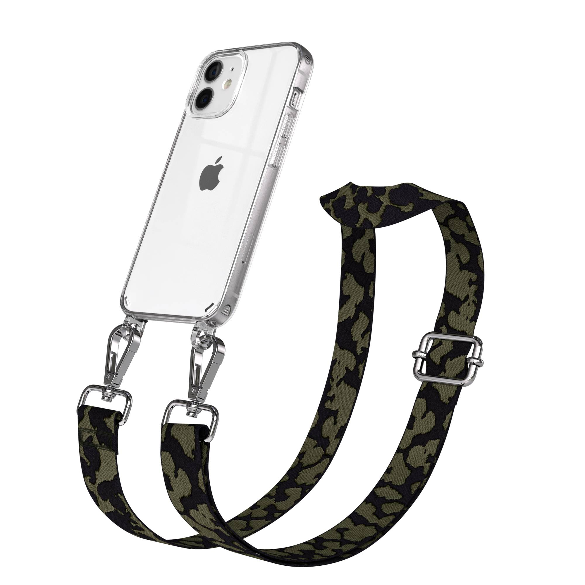 Ein transparentes iPhone mit einem Tarnmuster-Trageband.