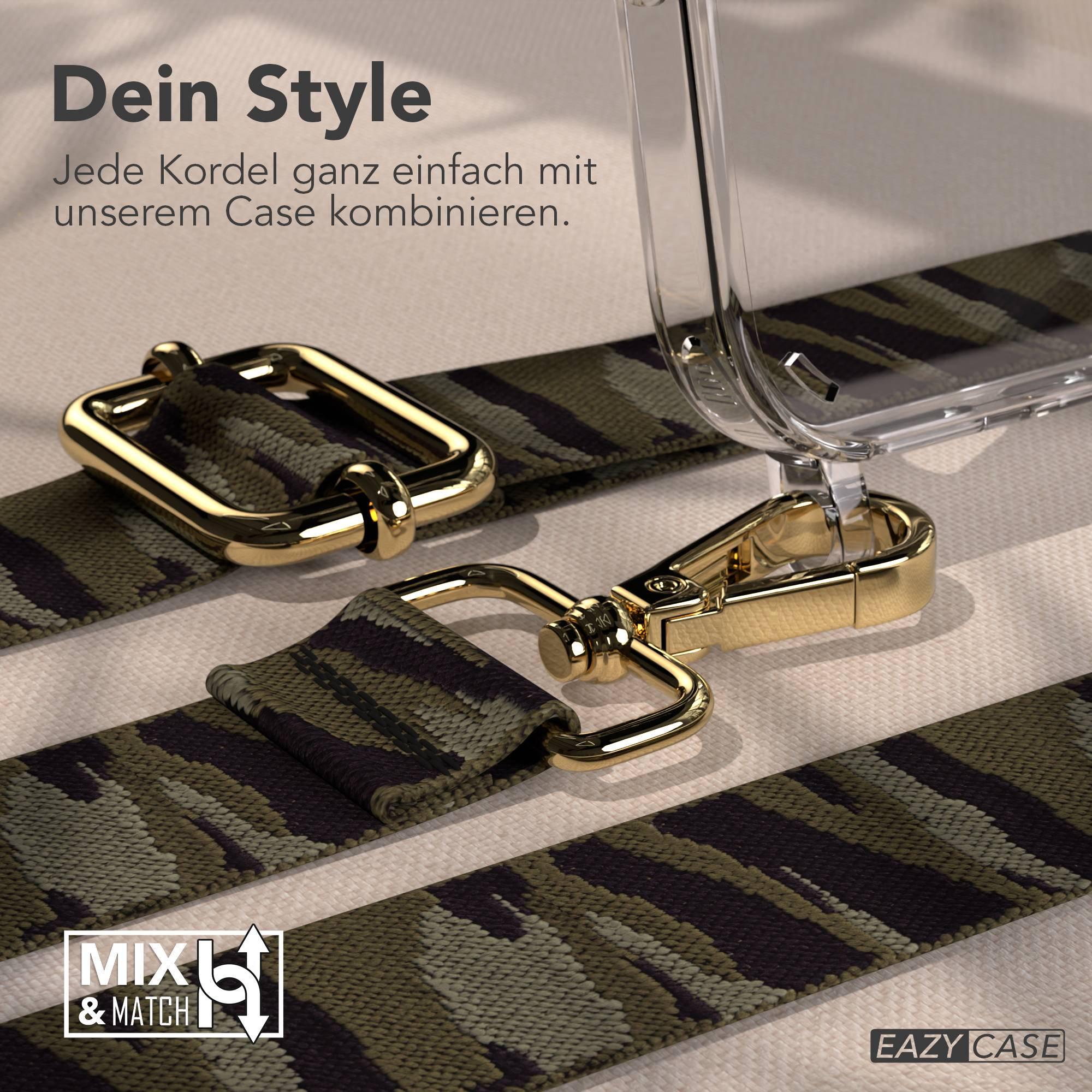 Ein transparenter Handyhülle mit einem Camouflage-Gurt mit goldenen Beschlägen.
