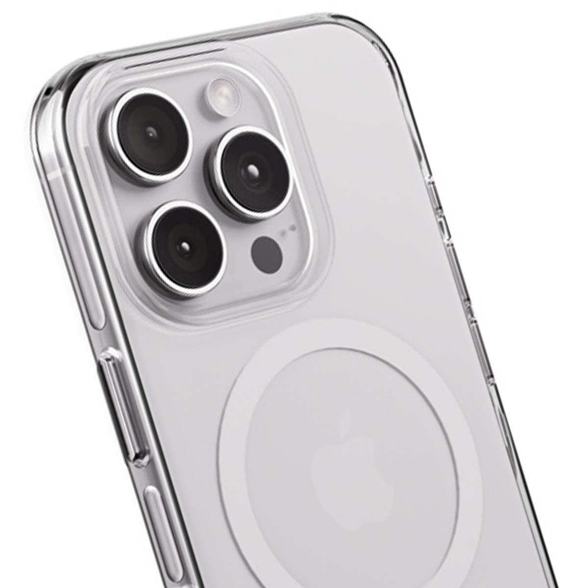 Primo piano di una cover trasparente per telefono su sfondo bianco, con lenti della fotocamera e logo Apple.