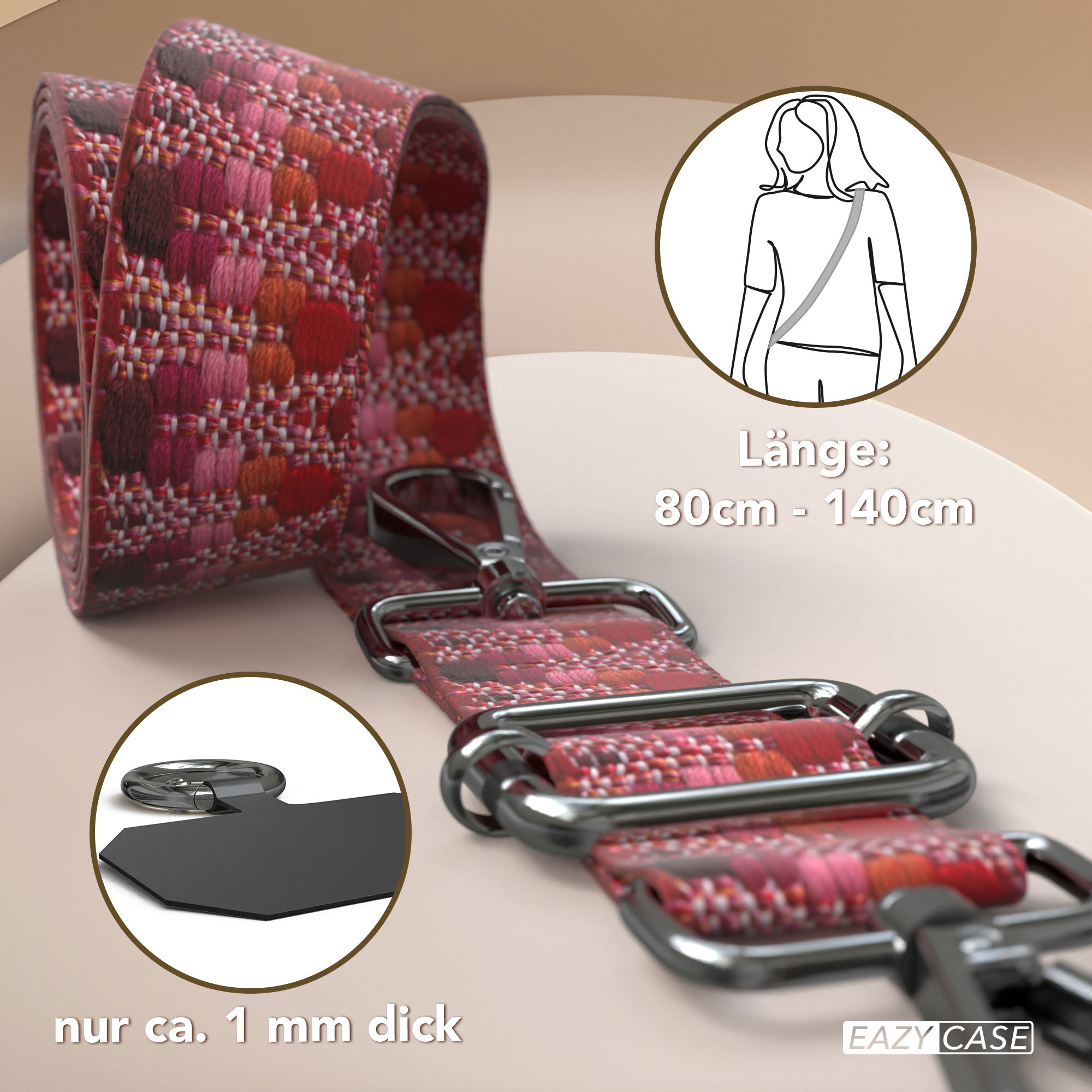 Roter Gurt mit Herzmuster, Längenverstellung und Karabinern.