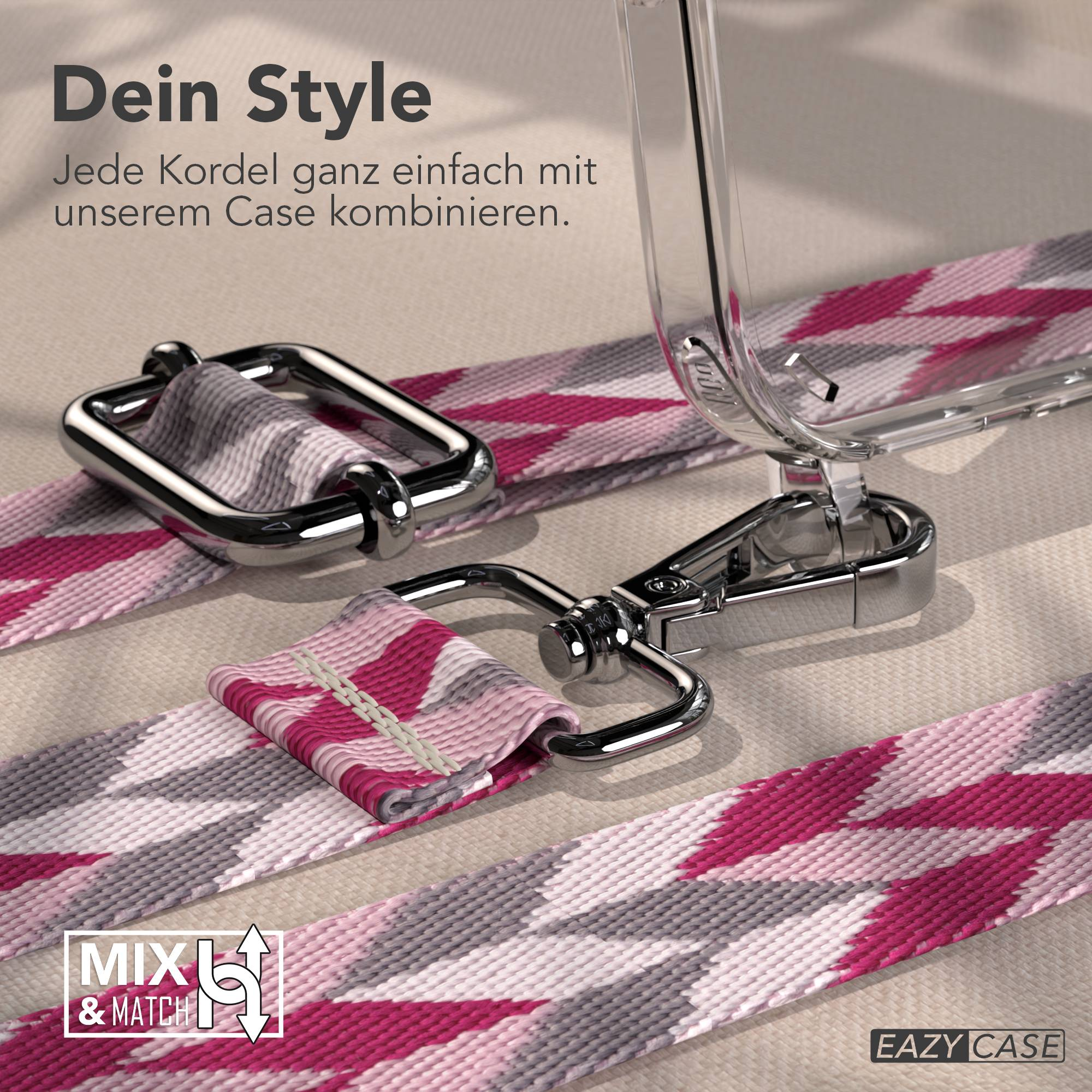 Ein transparentes Handyhülle mit einem gemusterten Band in Rosa, Grau und Weiß.