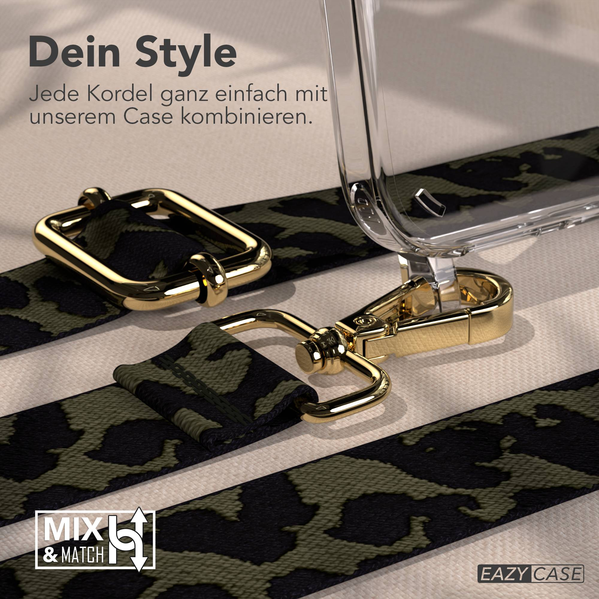 Ein Camouflage-Riemen mit goldener Hardware ist an einer transparenten Handyhülle befestigt.