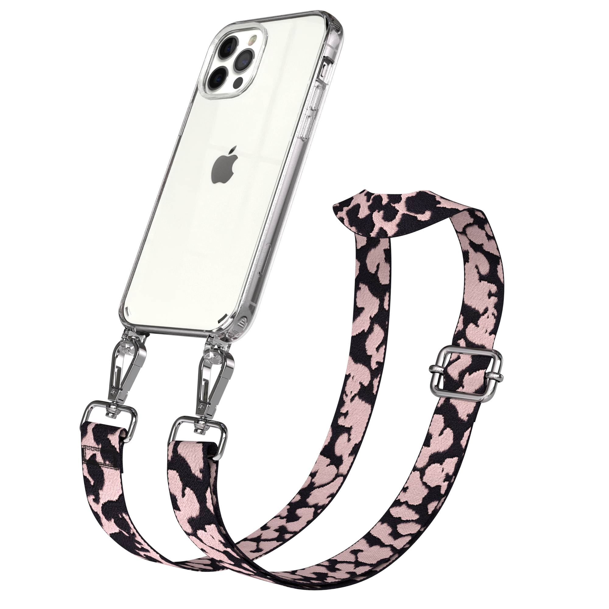 Ein transparentes iPhone-Case mit einem Leopardenmuster-Gurt mit silbernen Schnallen.