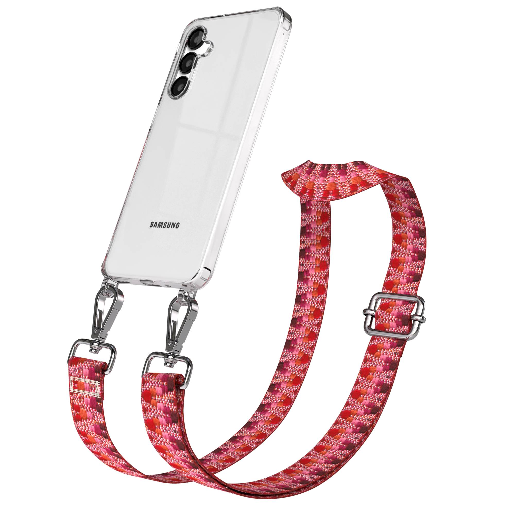 Ein durchsichtiges Samsung Handy mit einer roten, gemusterten Lanyard-Schlaufe.