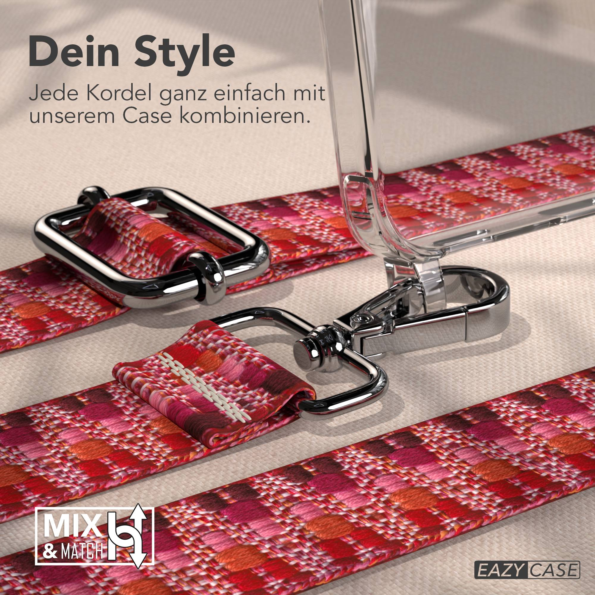 Roter, gemusterter Kordel mit silbernen Metallbeschlägen, nahaufnahme.