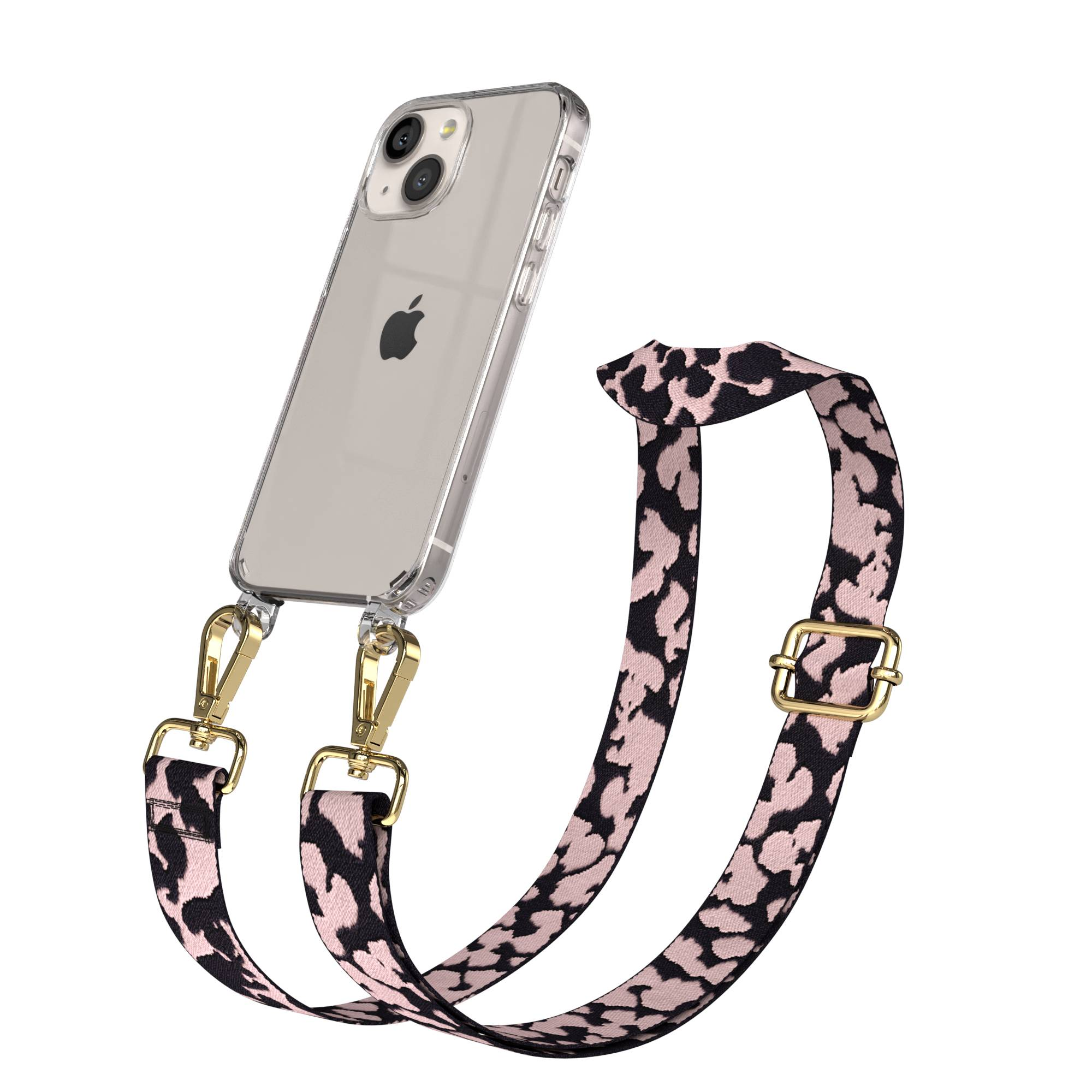 Ein durchsichtiges iPhone mit Leopardenmuster-Trageriemen mit goldenen Schnallen.