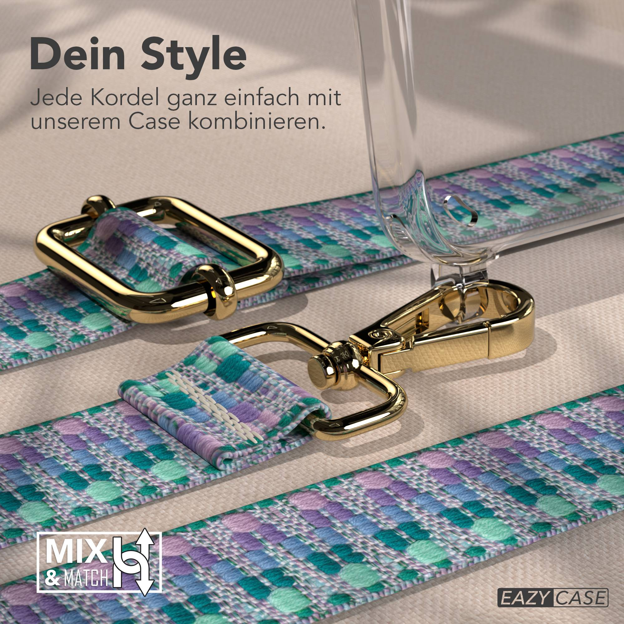 Bunte Kordeln mit goldenen Schnallen und einem transparenten Case.