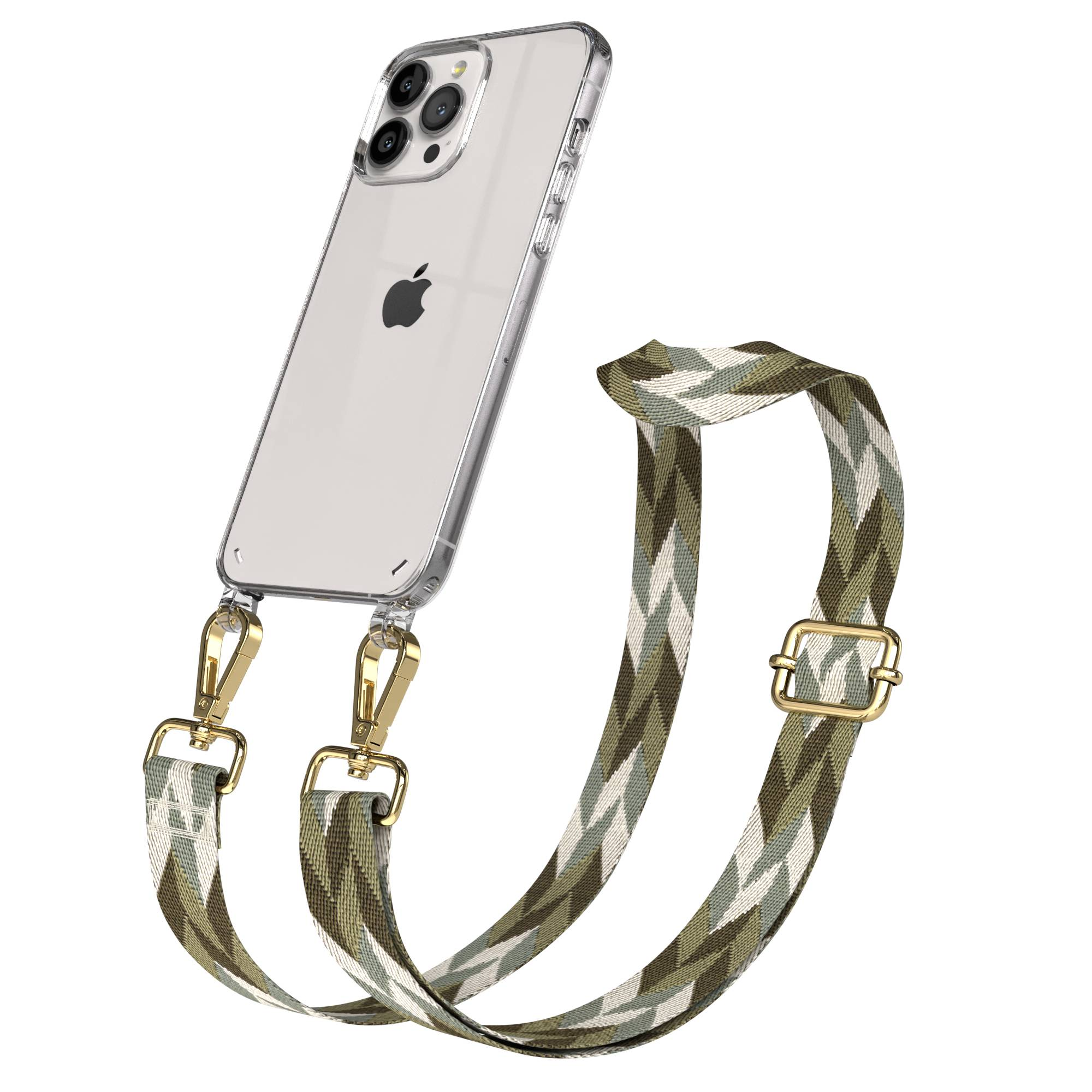 Ein durchsichtiges iPhone mit einem Camouflage-Trageriemen und goldenen Clips.