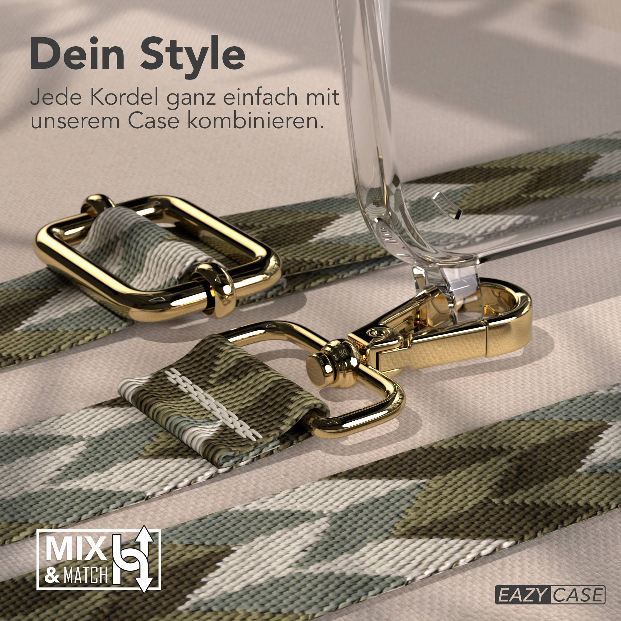 Goldene Verschlüsse an einem Camouflage-Gurt mit Text 'Dein Style' und 'Eazy Case'.