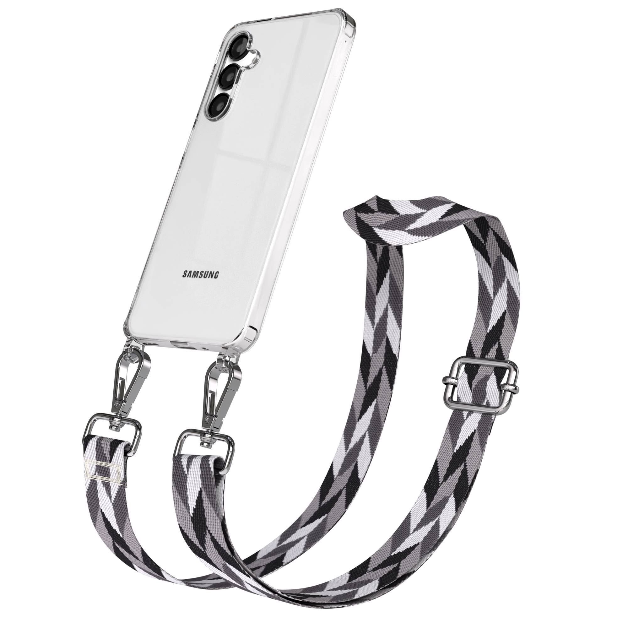 Klares Samsung-Handy mit angebrachtem Lanyard in Schwarz-, Weiß- und Graumuster.